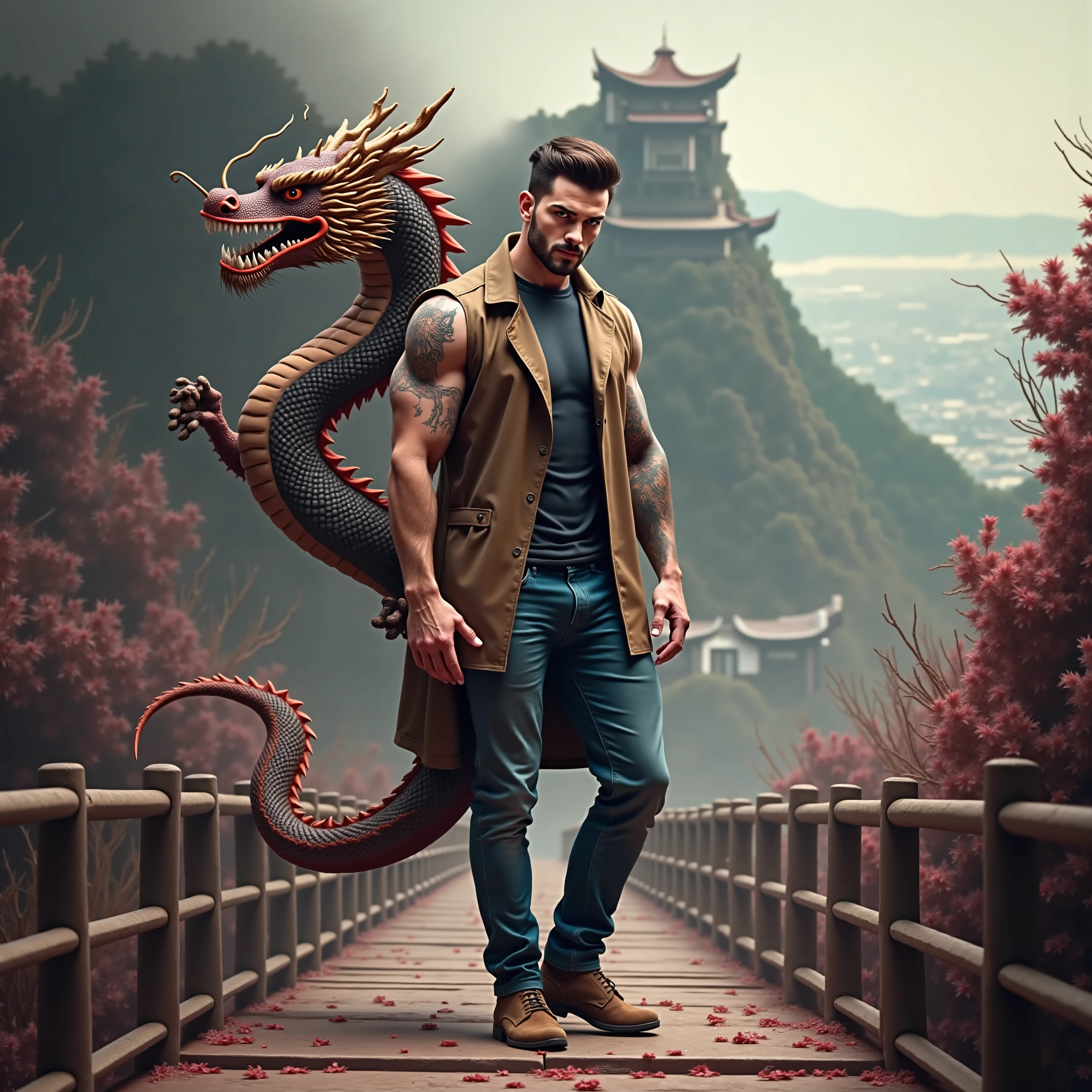 ((Masterpiece, High Quality)), Best Quality, ultra quality, highly detailed , ultrarealistic , cinematic, best quality, high resolution ,masterpiece , realistic , photorealistic realistic eyes, intricate details, detailed background, depth of field, dynamic pose, dynamic angle ,a very shredded muscle man ,standing, looking like courage and behind him is a Chinese dragon, high resolution committee, attractive strong male, lonely masterpiece, wide angle, highlighting the strong muscle lines , symbol of strength. Perspective and perspective: shooting from a low angle , highlighting the height and majesty of men. Or use a side perspective to show the posture and tattoo of a men.