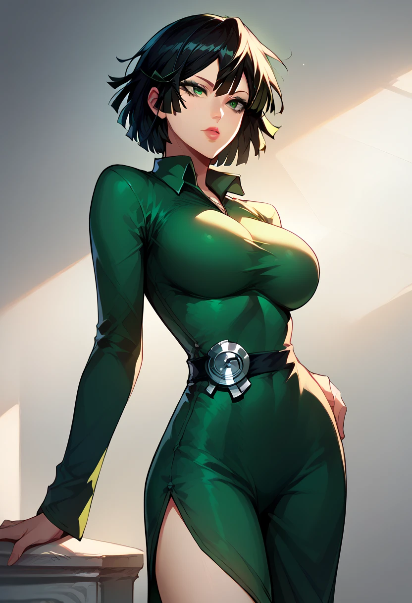 fubuki (one-punch man) black hair, short hair, tight green dress, long sleeves, collared dress, green eyes, perfect large breasts, sexy pose, dynamic angle Break, perfect lighting, shadows
