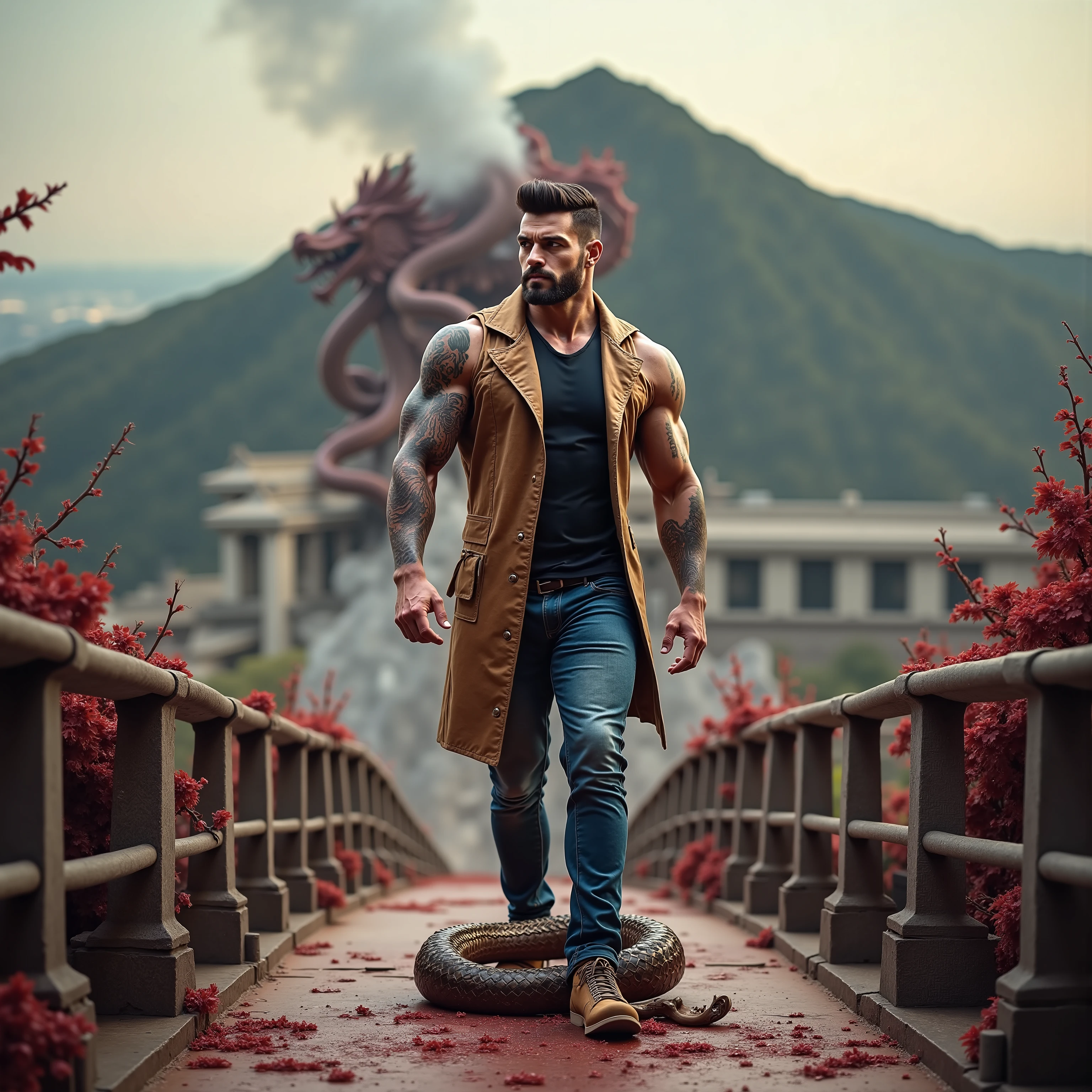 ((Masterpiece, High Quality)), Best Quality, ultra quality, highly detailed , ultrarealistic , cinematic, best quality, high resolution ,masterpiece , realistic , photorealistic realistic eyes, intricate details, detailed background, depth of field, dynamic pose, dynamic angle ,a very shredded muscle man ,standing, looking like courage and behind him is a Chinese dragon, high resolution committee, attractive strong male, lonely masterpiece, wide angle, highlighting the strong muscle lines , symbol of strength. Perspective and perspective: shooting from a low angle , highlighting the height and majesty of men. Or use a side perspective to show the posture and tattoo of a men.