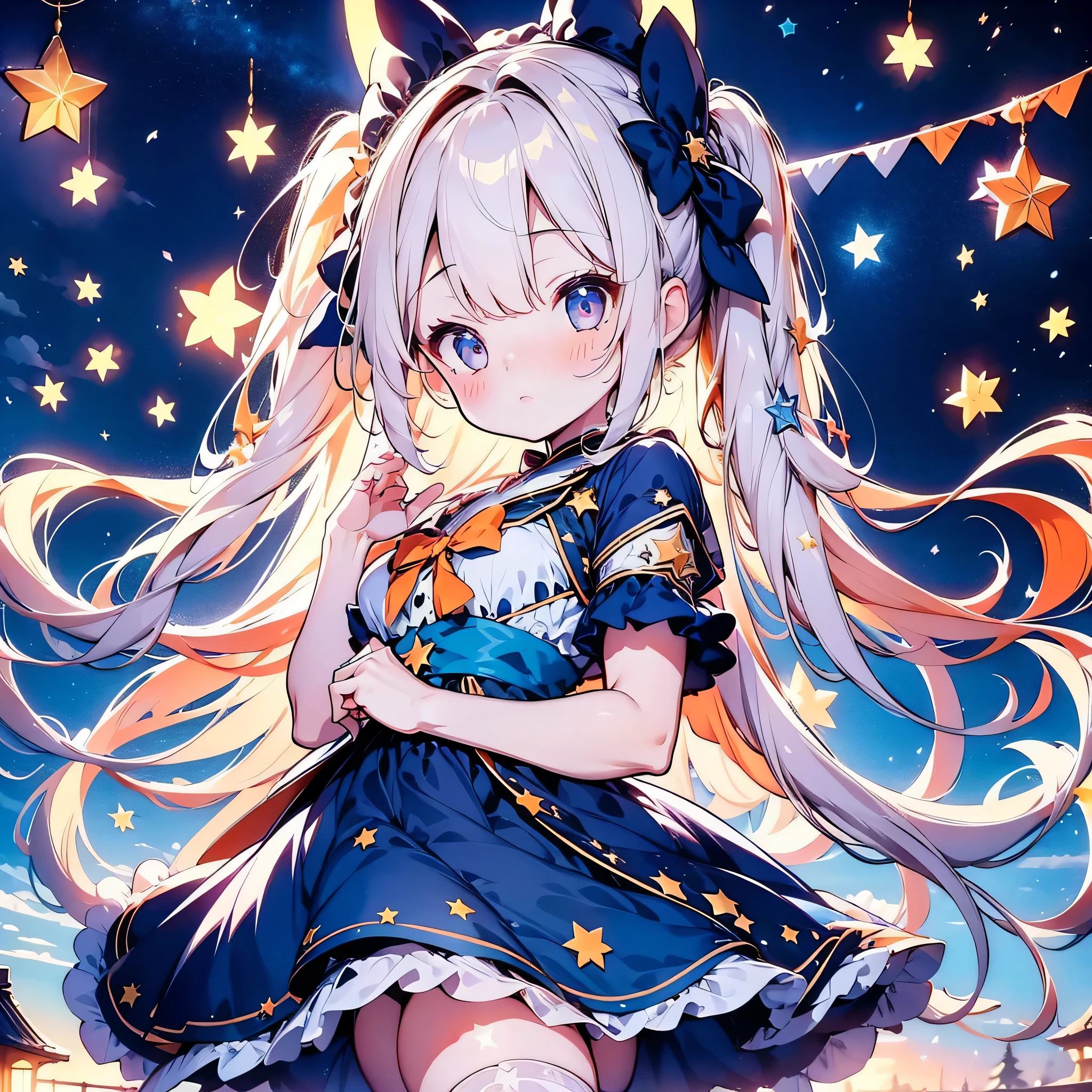 1girl \(Milky white to royal blue gradient hair color、 long hair、 cute、 pretty face、、 perfect anatomy)、quality\(最高quality、's greatest masterpiece、 Official Art、 Dynamic Best Composition、 more details、 high definition 、CG、HHD、32K)、 color\(Orange and navy color palette、Neon Color 、Blue Light)、Star Fairy\(Fairy wings hanging from the waist )、clothes\( orange and dark blue gothic lolita kimono 、 Long Boots )、big ribbon on the head、What to bring\( magic stick、huge、Star-shaped decoration)、 facing the viewer、