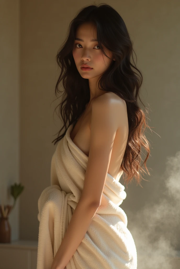 photorealistic, best quality, hyper detailed, cute Hawaiian girl, very short, skinny, perky plump chest, long dark hair, round ass, lips slightly open with a smirk, sexy look, detailed face, detailed lips, best shadow, RAW, instagram LUT, at the spa, wearing silk gown