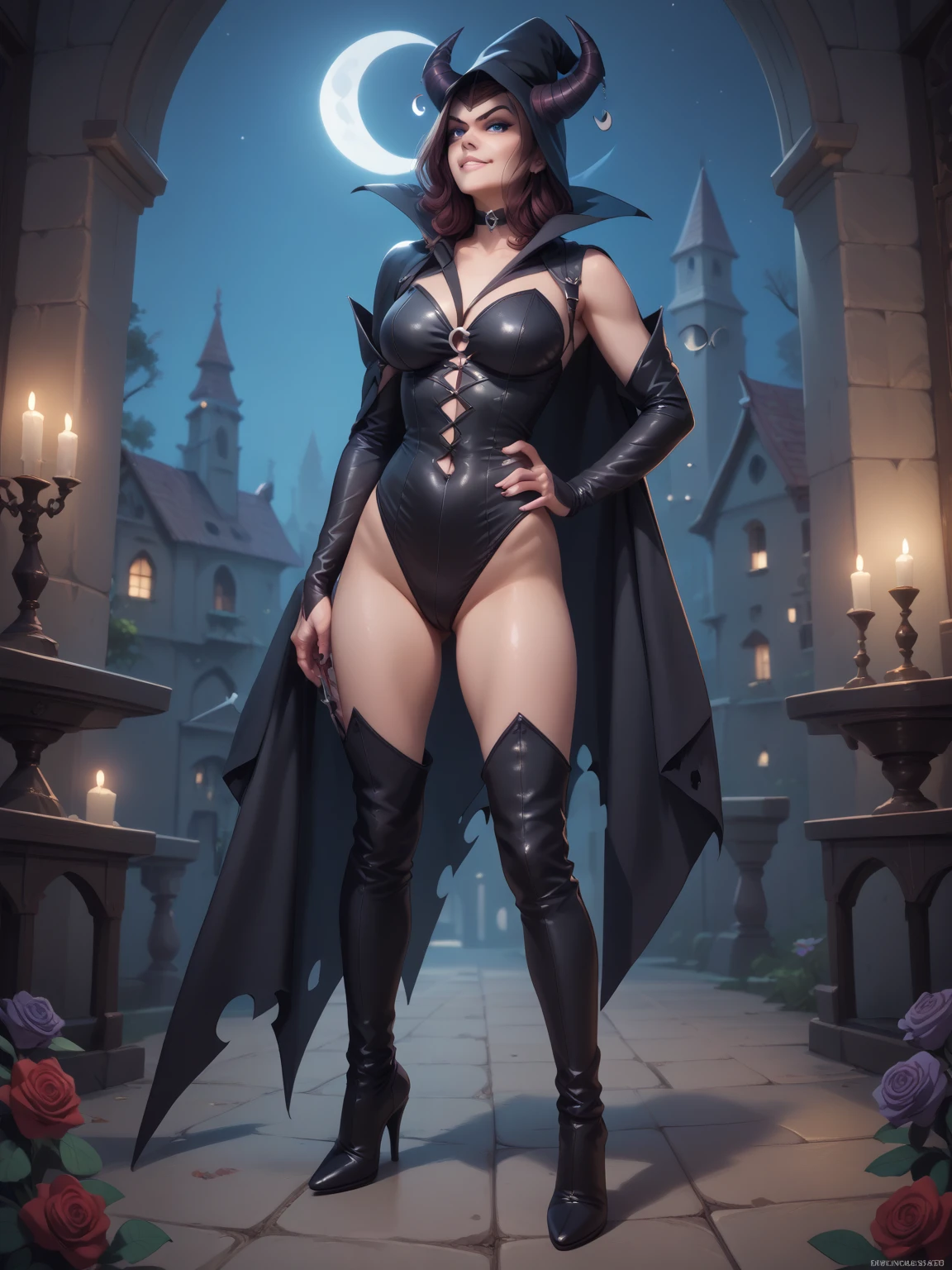 Best quality, 4K quality, masterpiece, blue eyes, witch, black costume, black clothes, fearless smile, glaring gaze, shiny clothes, dark heroine, (((calves))), thighs, navel, low-heeled black pumps, silk panties, bare legs, tight black costume, gothic style, dark, night, crescent moon, bats, witch's temple in the background, shiny large sword in one hand, witch's hat, black leather cloak, beautiful cloak with red lining, thin fabric costume, purple rose embroidery,
