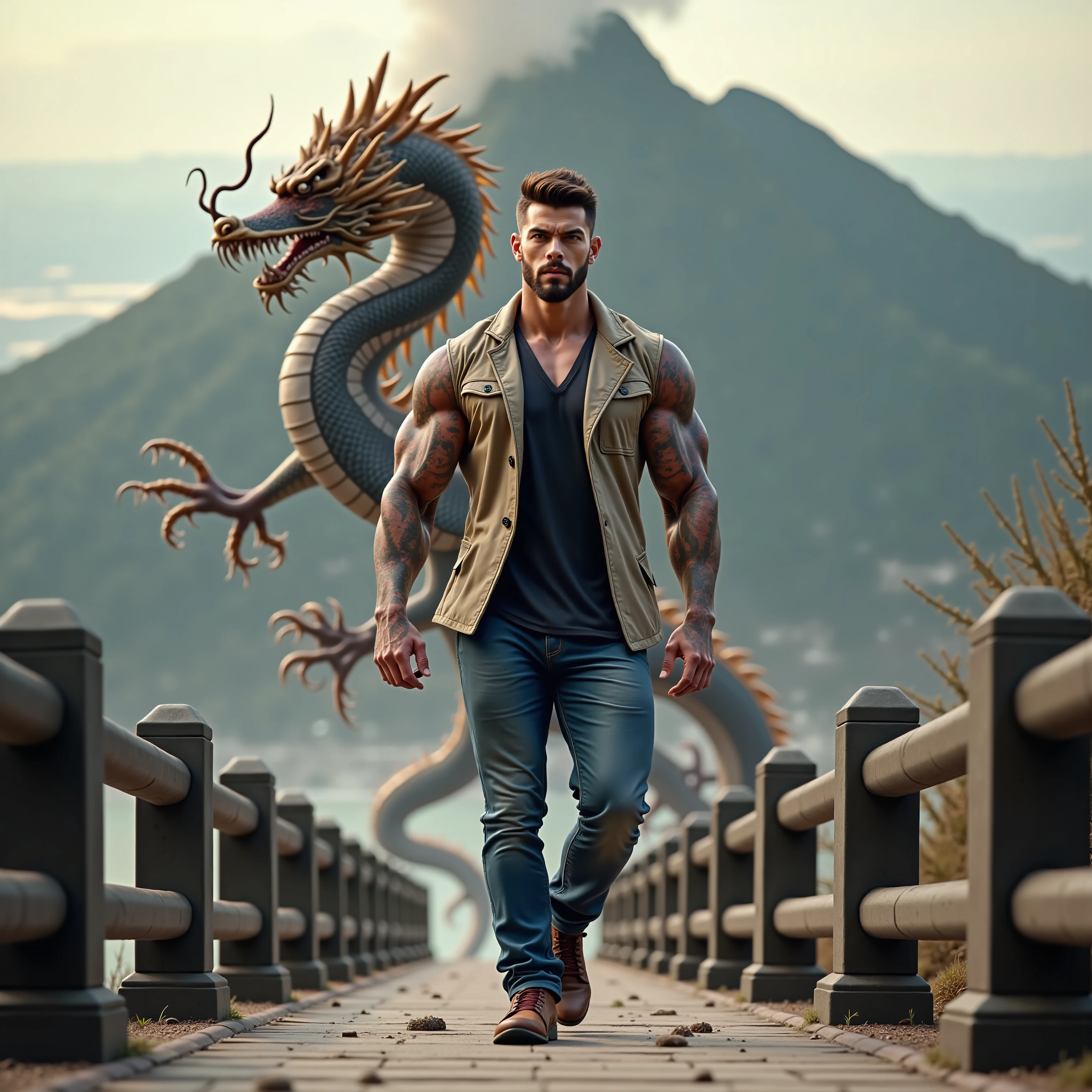 ((Masterpiece, High Quality)), Best Quality, ultra quality, highly detailed , ultrarealistic , cinematic, best quality, high resolution ,masterpiece , realistic , photorealistic realistic eyes, intricate details, detailed background, depth of field, dynamic pose, dynamic angle ,a very shredded muscle man ,standing, looking like courage and behind him is a Chinese dragon, high resolution committee, attractive strong male, lonely masterpiece, wide angle, highlighting the strong muscle lines , symbol of strength. Perspective and perspective: shooting from a low angle , highlighting the height and majesty of men. Or use a side perspective to show the posture and tattoo of a men.
