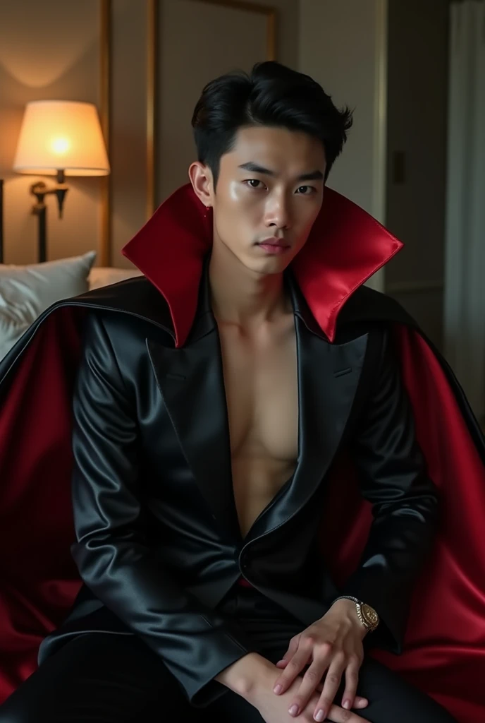 masterpiece, realistic, photographic, 1boy, a sexy young Roman Catholic priest turning into a hot male demon with red skin, black hair, glowing red eyes, long black claws on his fingers and large horns as well as a massive demonic wingspan, he is wearing a black loincloth, bursting out of his ripped and torn priestly robes showing his muscular pecs, abs, biceps, shoulders and perky nipples. A seductive expression on his face, he is surrounded by glowing human skulls, stained glass windows inside the interior of a gothic church background