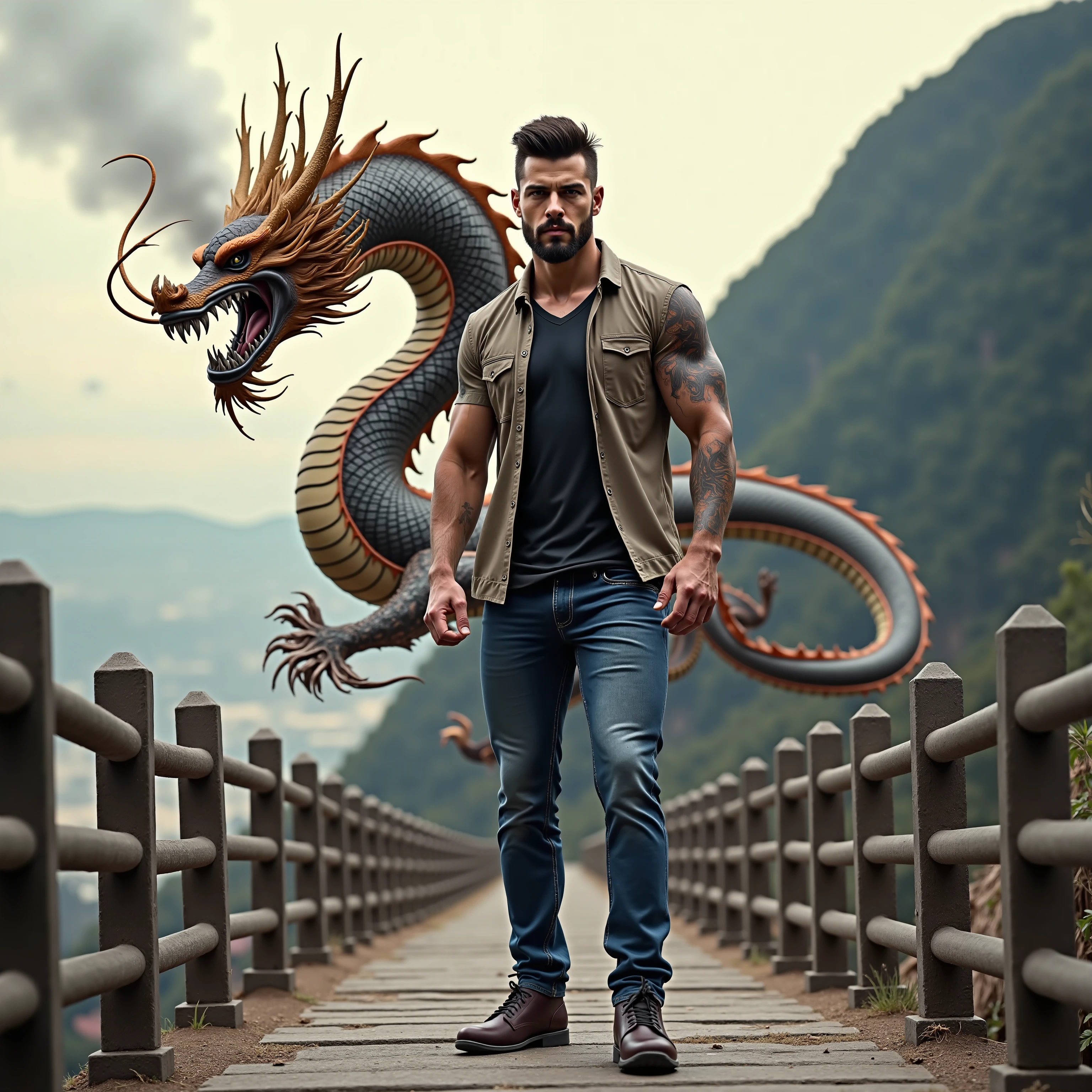 ((Masterpiece, High Quality)), Best Quality, ultra quality, highly detailed , ultrarealistic , cinematic, best quality, high resolution ,masterpiece , realistic , photorealistic realistic eyes, intricate details, detailed background, depth of field, dynamic pose, dynamic angle ,a very shredded  muscle man ,standing, looking like courage and behind him is a Chinese dragon,  high resolution committee, attractive strong male, lonely masterpiece, wide angle, highlighting the strong muscle lines ,  symbol of strength. Perspective and perspective: shooting from a low angle , highlighting the height and majesty of  men. Or use a side perspective to show the posture and tattoo of a  men.