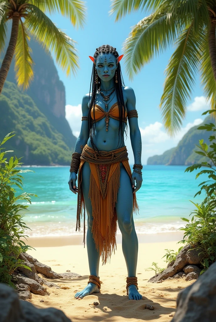 avatar style: Create a female Na'vi in tribal clothing in front of the beach!