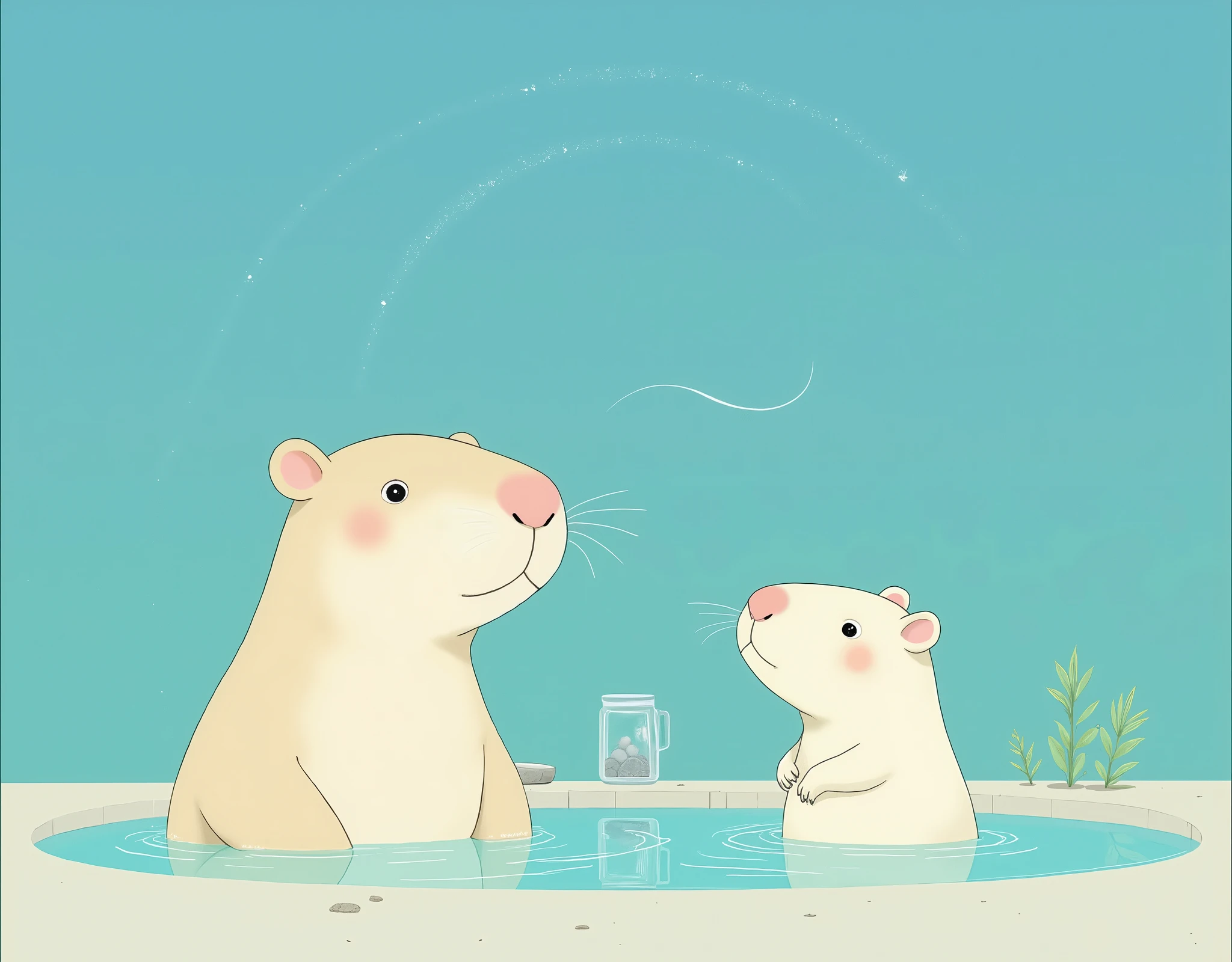 (Capybara mascot character:2.0),( beautiful background:2.0),( minimalist:2.0),(Artistic Rendering),( SIMPLE DESIGN :2.0),(Capybara parent and bathing in a hot spring:2.0),( A Beautiful Night Sky :2.0)