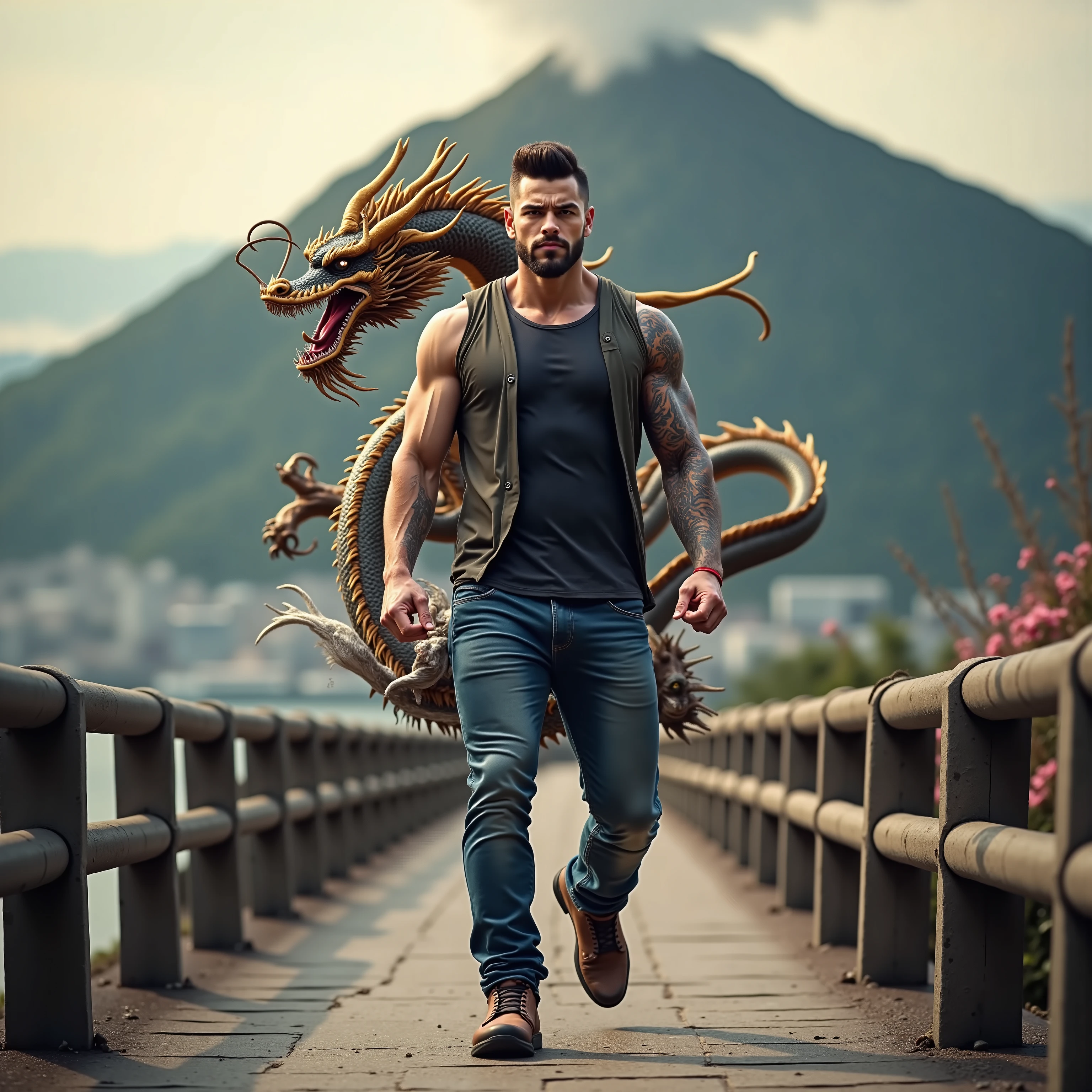 ((Masterpiece, High Quality)), Best Quality, ultra quality, highly detailed , ultrarealistic , cinematic, best quality, high resolution ,masterpiece , realistic , photorealistic realistic eyes, intricate details, detailed background, depth of field, dynamic pose, dynamic angle ,a very shredded muscle man ,standing, looking like courage and behind him is a Chinese dragon, high resolution committee, attractive strong male, lonely masterpiece, wide angle, highlighting the strong muscle lines , symbol of strength. Perspective and perspective: shooting from a low angle , highlighting the height and majesty of men. Or use a side perspective to show the posture and tattoo of a men.