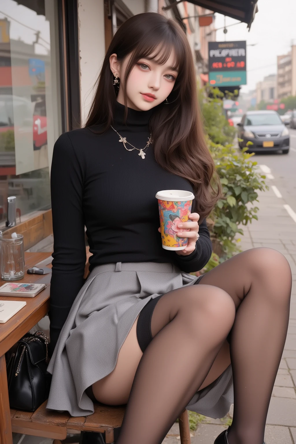   1 girl,   pantyhose,   skirt  ,     jewelry, smile, bag,  length hair,   closed eyes  ,   holding, Alone,   tea hair,   black footwear available,   necklace,     sweater    , Cafe, black     sweater    ,   length sleeve  , cup,   earrings,   turtleneck,   holding bag,   holding cup, disposable cup,  For the viewers ,   standing,   full body,   turtleneck     sweater    , handbag, brown   pantyhose, road, black   pantyhose, grey   skirt  , day,   walking  , break (  very delicate flower lace embroidered panties , Sheer panties, Light colored panties  :1), (  pussy focus, bindings,bondage,  standing on one leg,  raise one leg,   grab my chest :0.95), break (  beautiful、length、  thin thighs stretched straight from small hips:1.3), break extreme close-up thighs, watercolor,   reflection  ,   Careful makeup  ,   ray tracing ,   DYNAMIC ANGLE ,   depth of field, ( The wind, Vegetation and   skirt   and hair fluttering in the wind),  cowboy shooting 