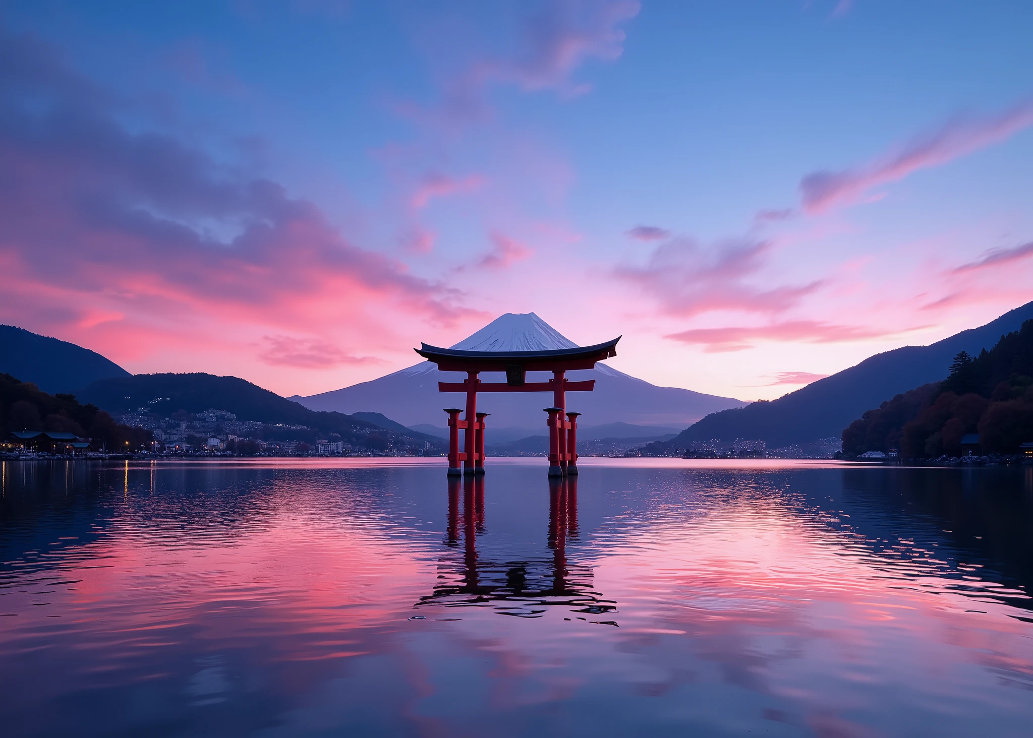 The red torii gate of Itsukushima Shrine can be seen in the center of the large lake. Fuji can be seen on the other side of the big lake 、Upside down Fuji reflected in the lake 、 evening、 Spectacular scene