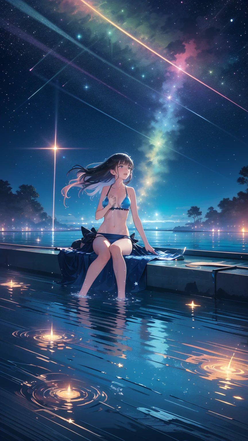 beautiful starry night, a beautiful girl in a neon swimsuit sits on the shore, which glows in the dark, the girl's hair flutters in the wind shimmering with light-ar 3:4 - Niji 6