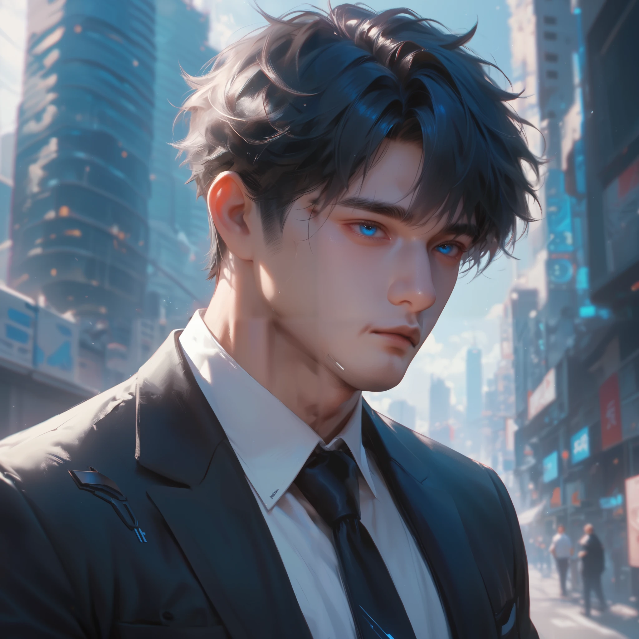   black hair with bangs ,  depressed face ,  blue-eyed handsome Korean male. white shirt and tie ,  wearing a black suit .  gray futuristic city background.  dark vibes.