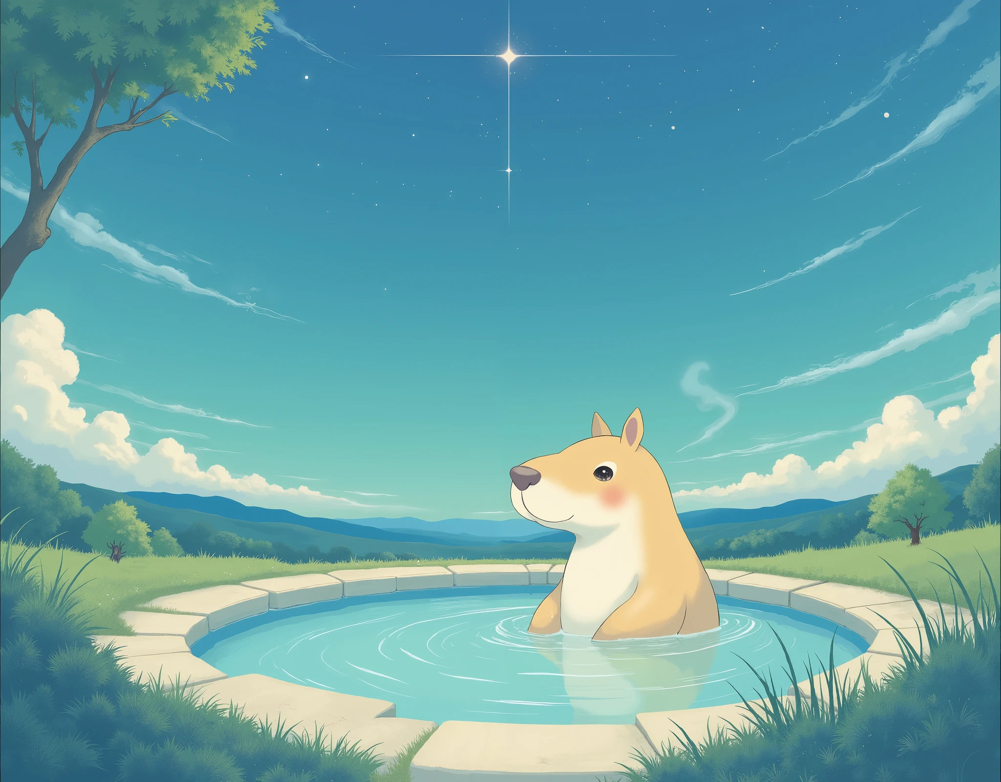 (Capybara mascot character:2.0),( beautiful background:2.0),( minimalist:2.0),(Artistic Rendering),( SIMPLE DESIGN :2.0),(Capybara parent and bathing in a hot spring:2.0),( A Beautiful Night Sky :2.0)