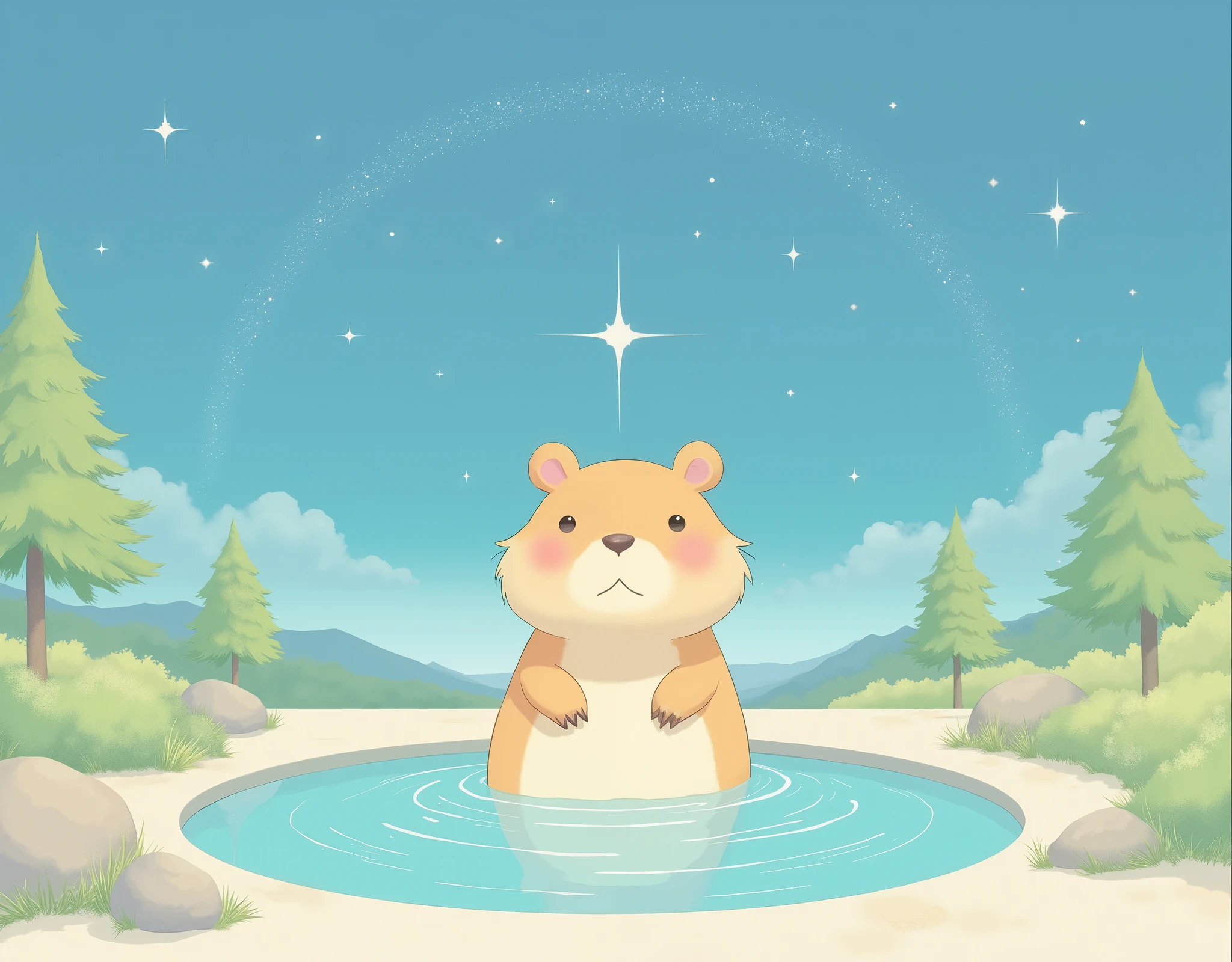 (Capybara mascot character:2.0),( beautiful background:2.0),( minimalist:2.0),(Artistic Rendering),( SIMPLE DESIGN :2.0),(Capybara parent and bathing in a hot spring:2.0),( A Beautiful Night Sky :2.0)