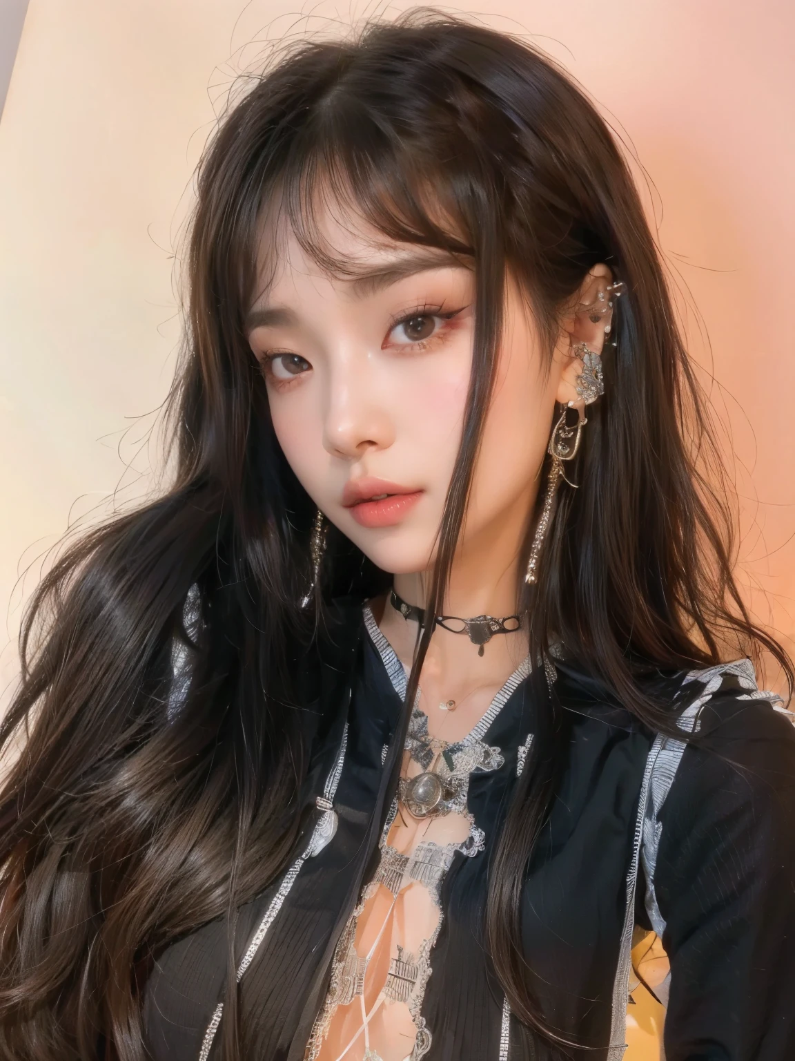 a close-up of a woman with long hair wearing a necklace and earrings, cruel korean goth girl,  with long hair and piercing eyes , Retrato de Jossi de Blackpink, Lalisa Manobal, ulzzang, Ela tem cabelo preto with bangs, goth girl aesthetic, penteado pigtails, with bangs, cabelos longos with bangs, twintails hairstyle