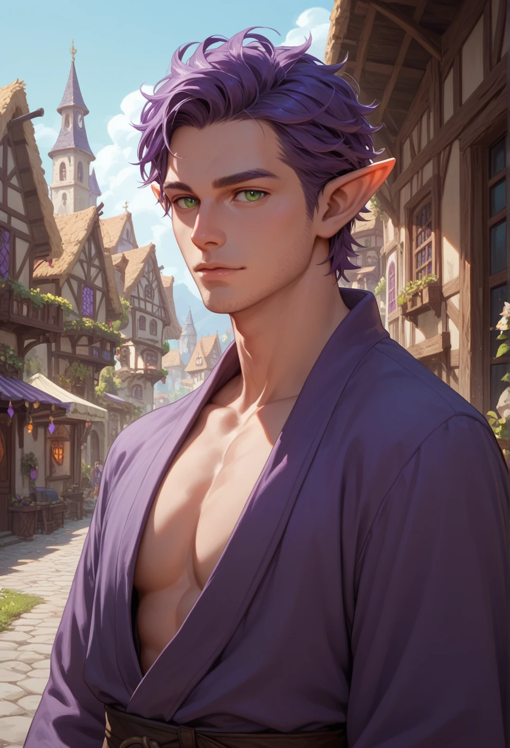 elf, Male, green eyes,  pointed ears ,  purple hair , Robe, Skin color Gray, village background,  Fantasy Background ,  half body Portrain