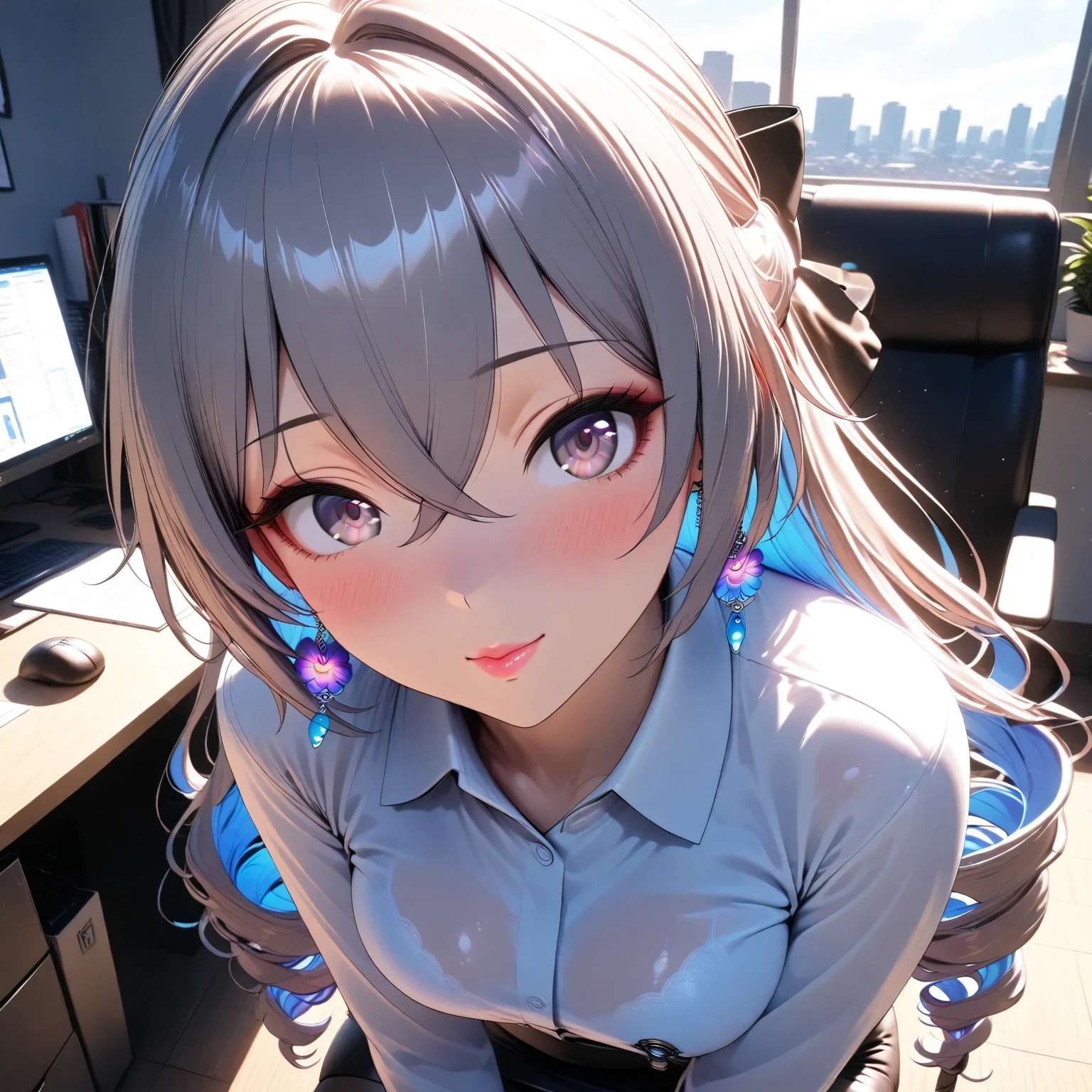 Masterpiece, high resolution, Best Quality, Detail, UHD, Super Detailed, Textured Skin, accurate, retina, 3d rendering, 4k, delicate, dynamic, anatomically correct, bronya, office shirt, long pencil skirt, pantyhose, cute, lovely, adorable, make up, blush, pink lips, Colored Inner Hair, 