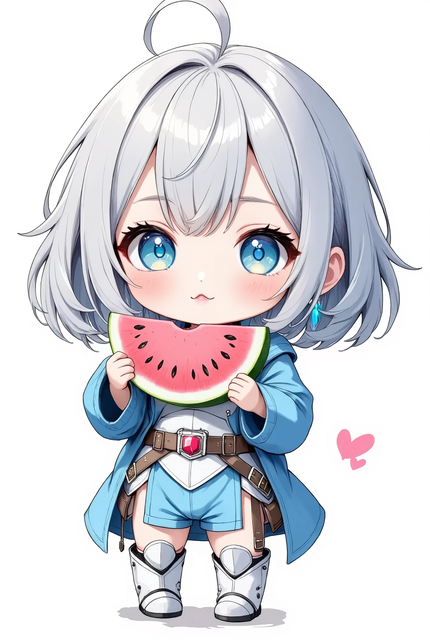 Medieval fantasy, watercolor painting style, chibi character, cute expression, silver hair, futuristic armor, blue highlights, holding watermelon slices, small hands, soft pastel colors, simple and charming design, white background, faint texture, relaxed atmosphere, delicate line art, soft shading, fantasy-meets-futuristic theme, minimalistic backdrop, vibrant accents, adorable proportions, high quality illustration, playful mood, stylized fairytale appearance