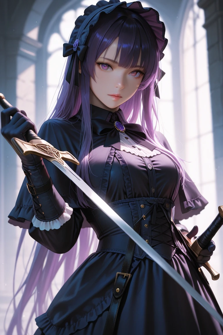 anime image of a woman in a white dress holding a sword, shalltear bloodfallen, gapmoe yandere, gapmoe yandere grimdark, shalltear from overlord, yandere intricate, ahegao, yandere, ayaka genshin impact, big chest, splash art anime loli, a very beautiful berserker woman, (no panties)), (dynamic pose), (sexy pose), (bent knees)