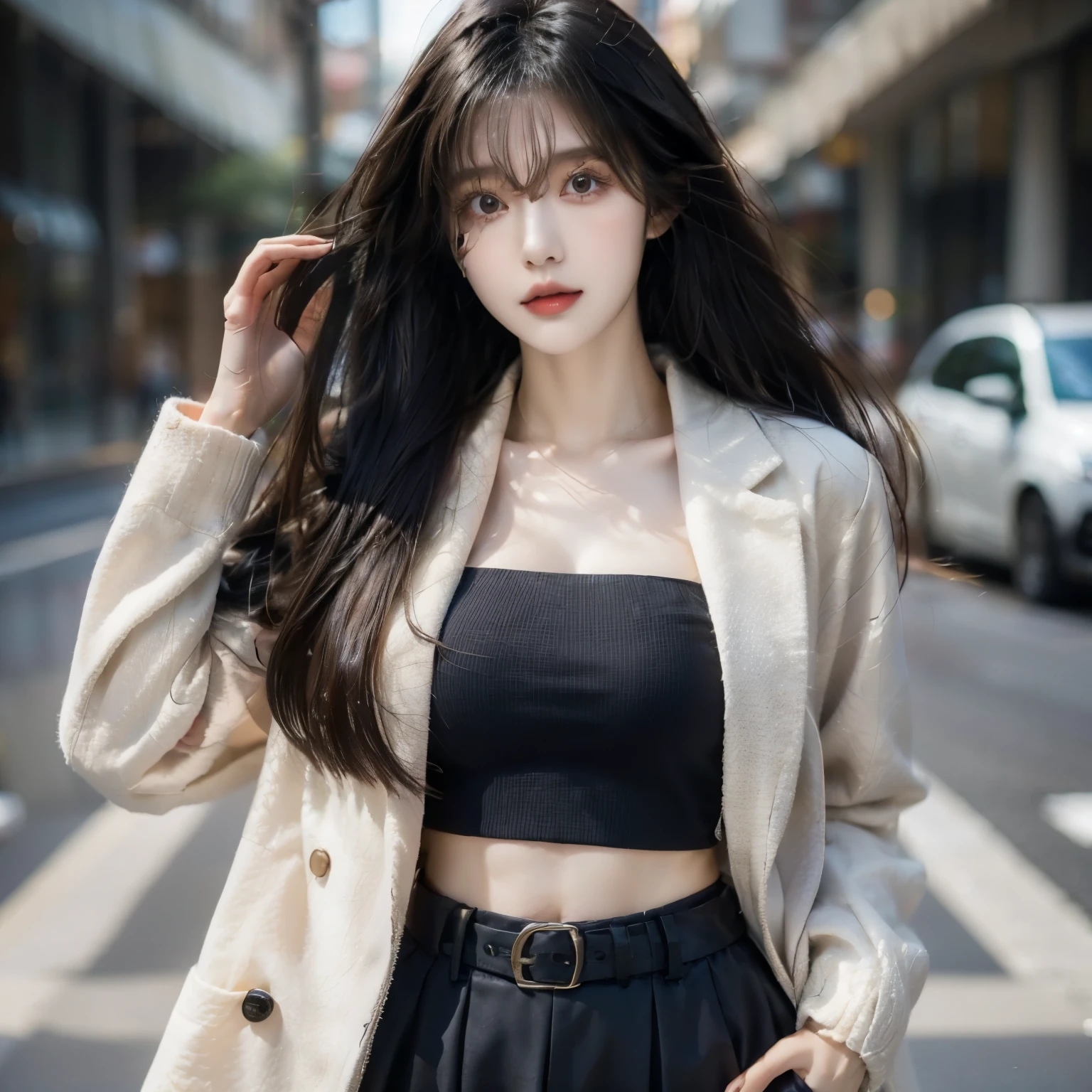 araffe woman with long black hair wearing a black top and a white coat, asian girl with long hair, beautiful asian girl, asian girl, korean girl, modern fashion outfit, ulzzang, fashion model, young asian girl, wearing jacket and skirt, elegant girl in urban outfit, chinese girl, attractive girl, a young asian woman, cropped shirt with jacket