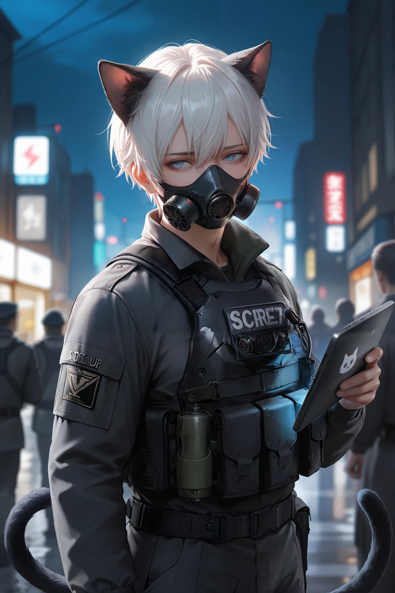 masterpiece, best quality, detailed eyes, semi realistic, 8k, man, tactical, black military suit, wearing black half gas mask, holding black laptop, night Urban warfare, strict face, short white hair, deep blue eye, cat ears, cat tail, solo character
