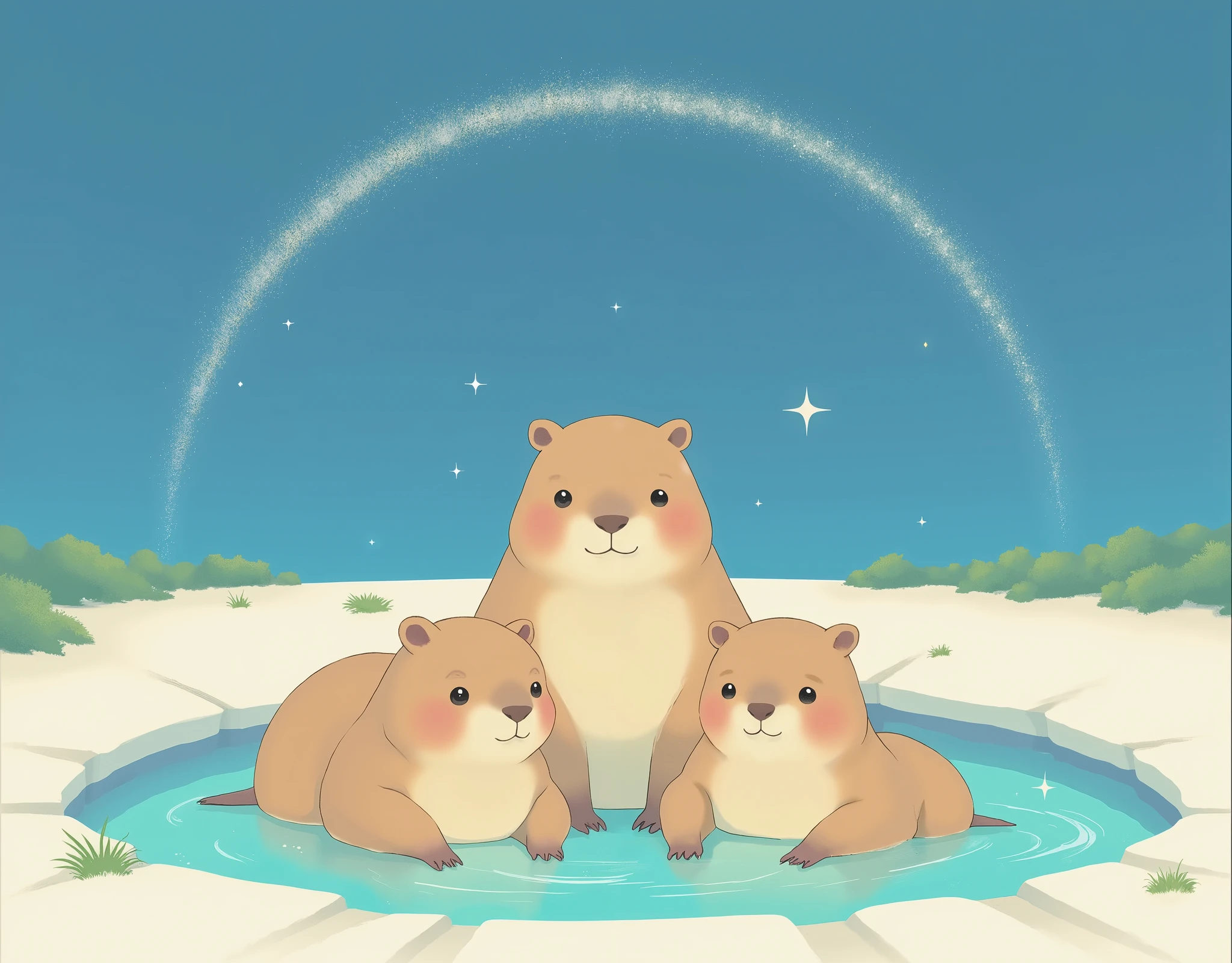 (Capybara mascot character:2.0),( beautiful background:2.0),( minimalist:2.0),(Artistic Rendering),( SIMPLE DESIGN :2.0),(A large group of capybaras bathing in a hot spring:2.0),( A Beautiful Night Sky :2.0)