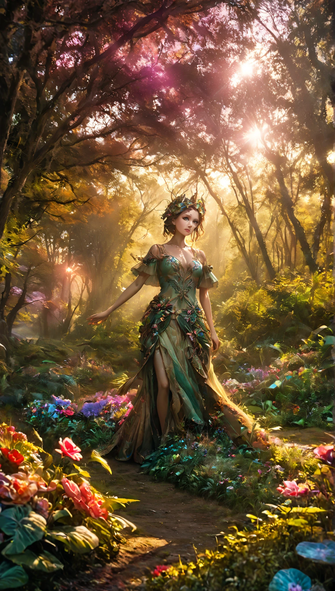 Beautiful Forest Dawn ,  idyllic, Magical, Majestic,  spectacular lighting, 8k,  1 girl,  detailed face ,  detailed eyes,  detailed lips ,  long lashes,  beautiful dress,   with a curved sword , Bushes green,  Colorful Flowers ,  sun rays ,  Photorealistic,  cinematic , Warm colors,  Dramatic Lighting,  intricate detail 