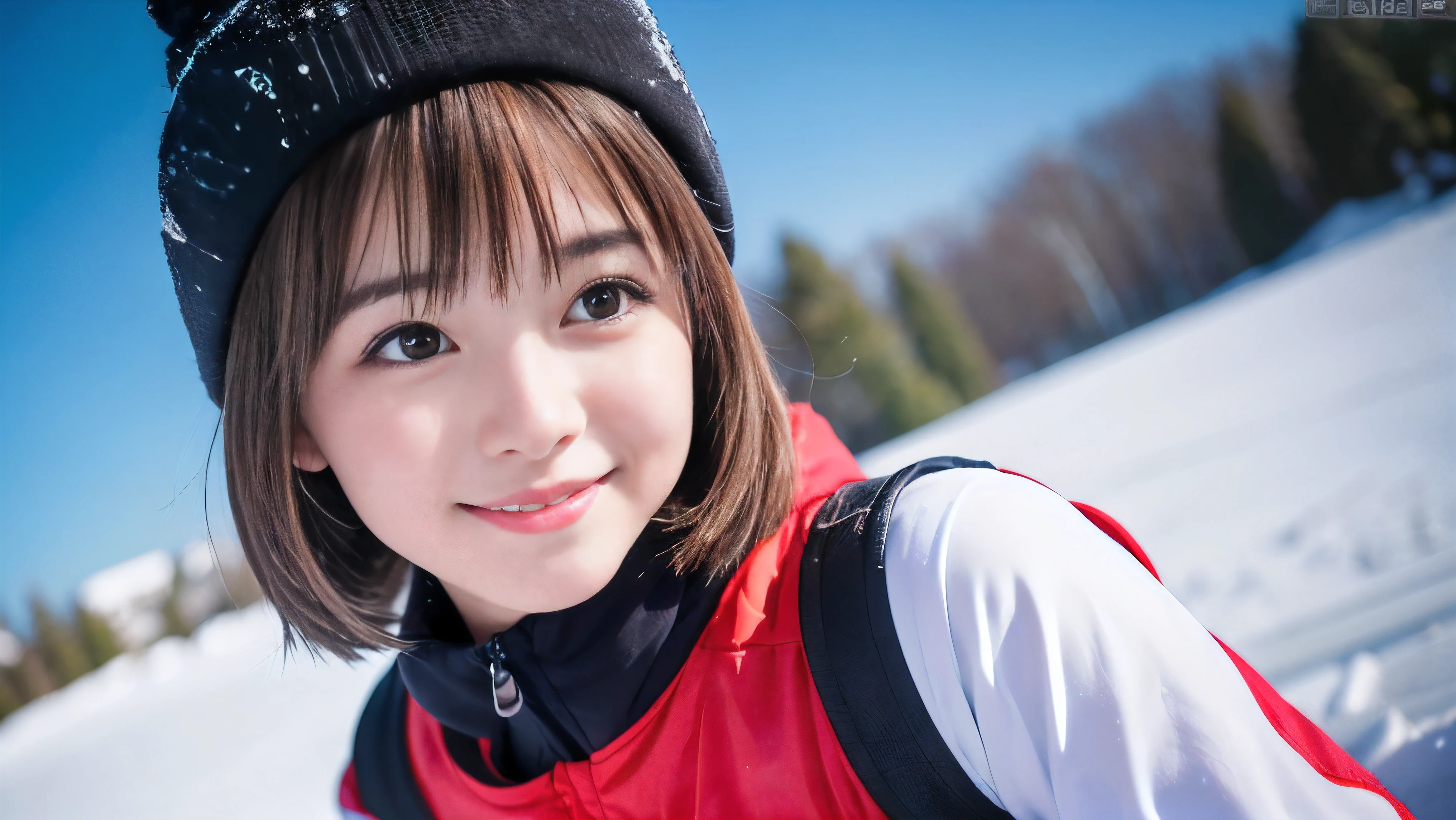 (Face shot of one slender small breasts round face brown short hair with bangs girl in long sleeve and long pants colorful snow board wear without logo:1.5)、(One girl is playing snow board with a show face and a small smile :1.5)、(Snow Ski Garden:1.5)、(Beautiful blue sky 1.5)、(No mask:1.3)、(blurred background:1.5)、(Natural light:1.5)、(8k ultra detailed master piece:1.5)、(perfect anatomy:1.5)、(Photorealistic stick:1.5)、(Raw photo:1.3)、(highest quality:1.5)、(High resolution:1.3)、(Delicate and beautiful perfect face:1.3)、(Delicate and beautiful eye air skin:1.3)、(Real Human Skin:1.3)、((thin legs))