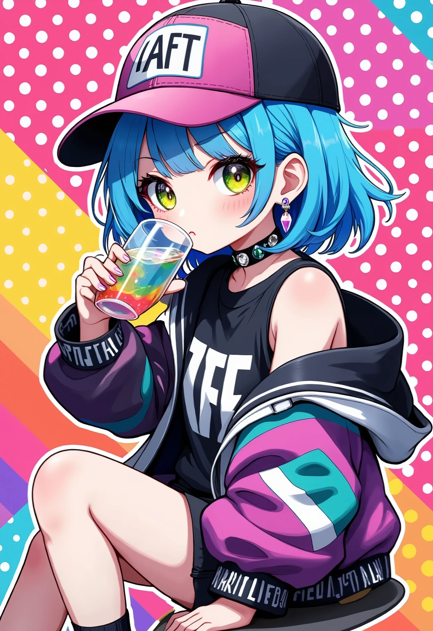 anime girl, pop art,chibi, colorful polka dot background,
bold graphic text, crystal,vivid blue hair,baseball cap, casual streetwear, oversized jacket, drinking from glass, sitting pose, crystal choker,minimalistic background, gothic vibe, multiple earrings, relaxed expression, multi vivid color nails, subtle lighting, modern urban style, edgy fashion,