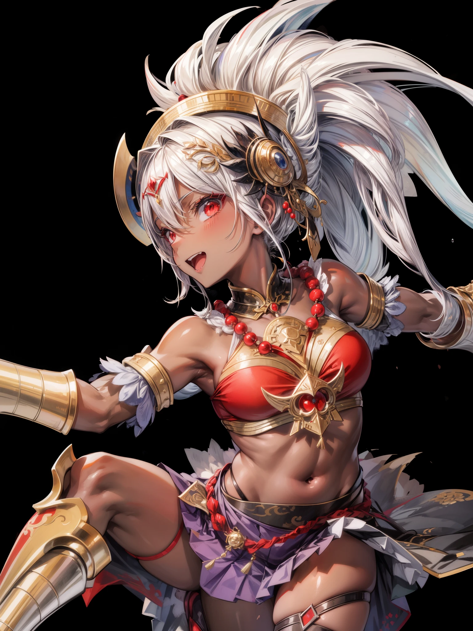 anime, best quality, extremely detailed, masterpiece, ultra high res, li girl, smile, open mouth, red eyes, Raw feet, huge breasts, pony tail, silver hair, fully slicked-back, (dark skin:1.2), kimono, microskirt, armor, cloak, jewelry, looking at viewer, wind
