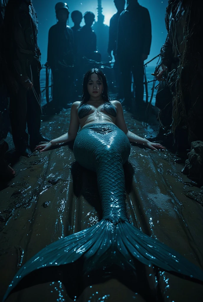 Best quality, masterpiece, super high resolution, ((best quality)), ((masterpiece)), (((detailed))), ((((poor sadnes laydown japanese mermaid dirty mucus tail fullbody crying))) (((huge tits))) ((((night background)))) (((((behind with men))))) (((dark Thriller cinematic))) ((((marian rivera)))) (((perfect face))) ((((mermaid laydown tied to a net on a small fishing boat))) ((((mermaid forced kissing with fishermen)))) (((nude mermaid long tail wet))) (lace bandeau:1.2), (realism:1.5), original photo, soaked body, covered in sweat, bare shoulders, in the dark, deep shadows, low-key, cold light