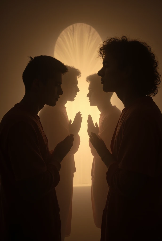  Create a fully defined and detailed image of three people in a circle facing each other with their eyes closed in prayer and the presence of Jesus in their midst in a brilliant translucent shape.  with your mouth shut,  high resolution ,  penetration,  tall details ,  Textured Skin , brilliance, realistic,  Movie scene, RAW photography, ultra realistic, hyper defined , 18mm lens,8k, 15K,  perfect image without creative errors , magnificent image ambient lighting , residential setting .