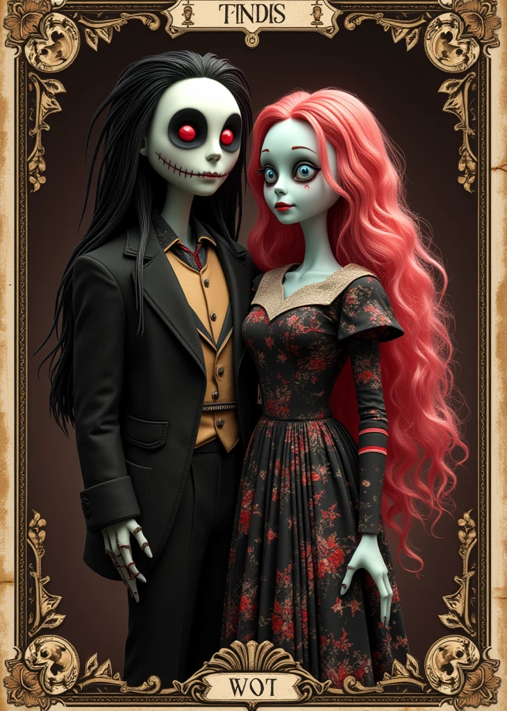 Realistic authentic-oriented 、  Jack and Sally with a rustic retro vibe  ,  without losing Jack's long black hair and curly pink hair Sally、 recreating the essence of a Christmas nightmare , Tarot card lover  