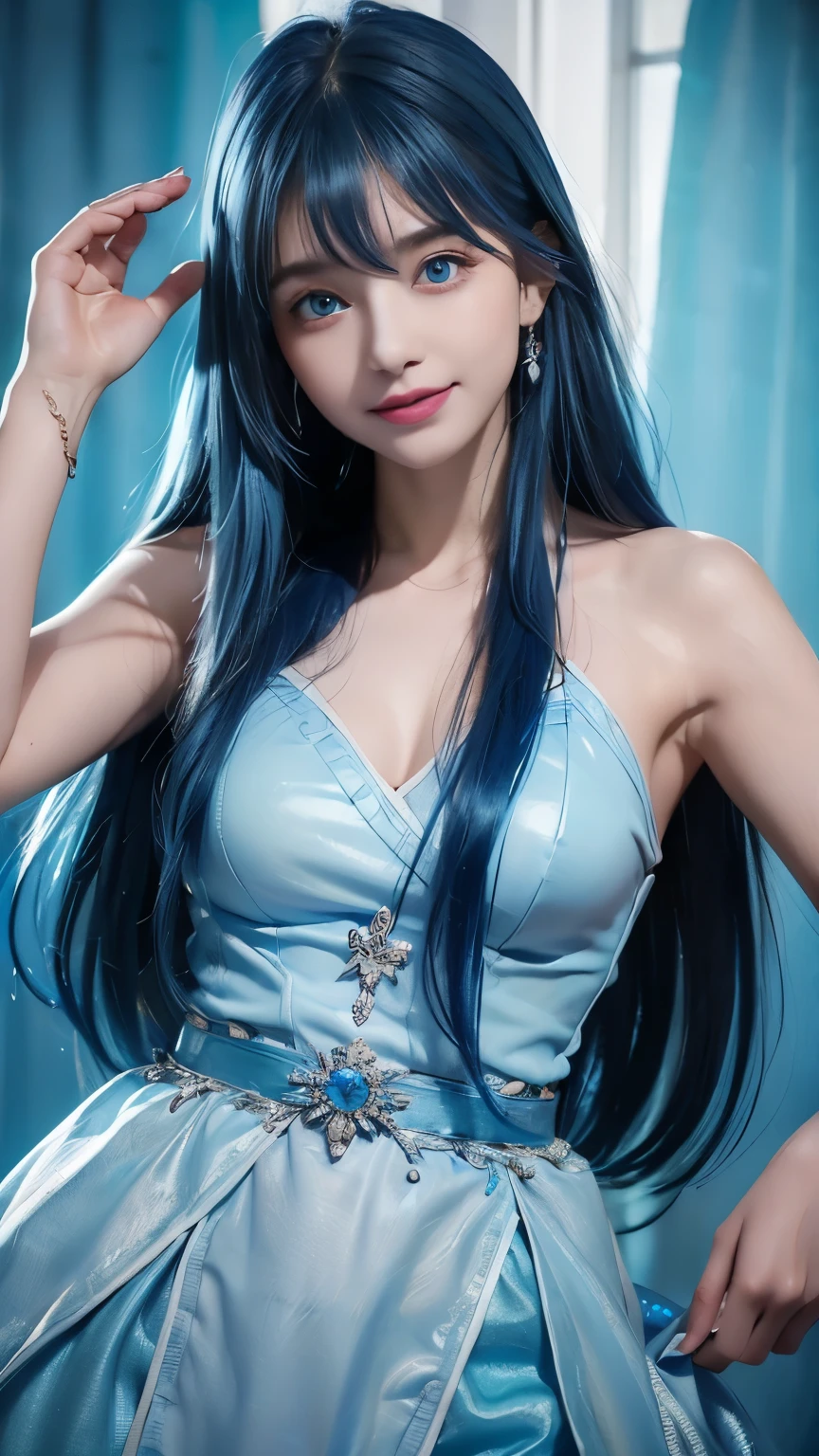 1 girl、((blue hair))、hair length、(blue eyes)、(gradient eyes)、sparkling eyes、bright eyes、finely tuned、(smile)、blue clothes、gem、blue lighting、blue theme、(shape:1.5)、abstract、highest quality、((unparalleled beauty))、Super detailed、(random pose)、(Beautiful worldview)、sparkling background