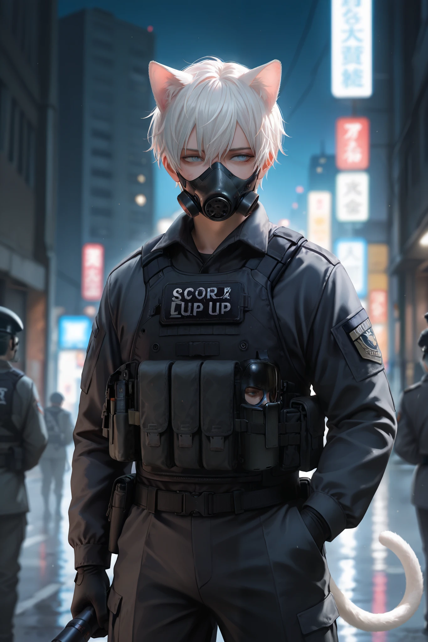 masterpiece, best quality, detailed eyes, semi realistic, 8k, man, tactical, black military suit, wearing black half gas mask, holding black laptop, night Urban warfare, strict face, short white hair, deep blue eye, white cat ears, white cat tail, solo character

