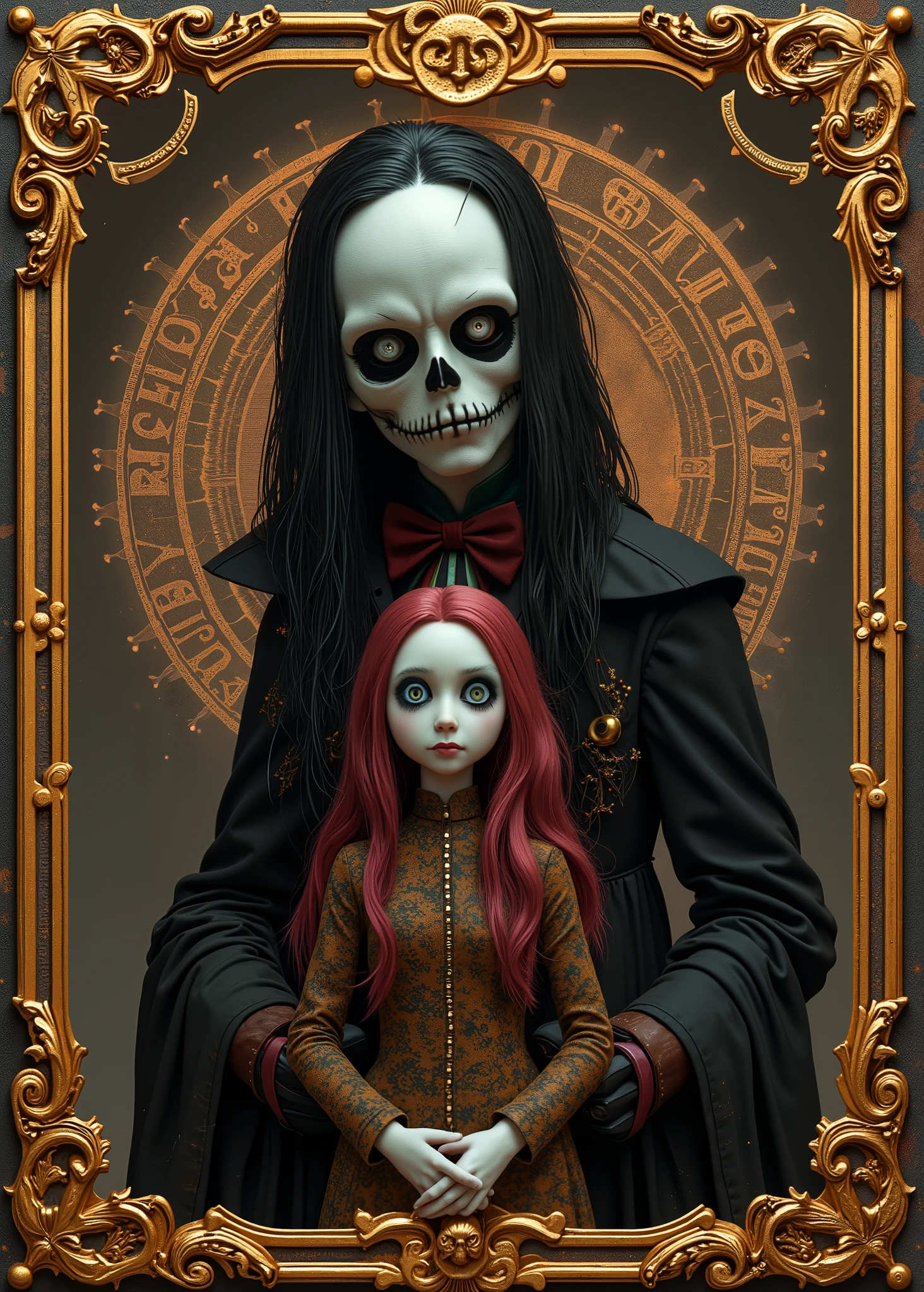 Realistic authentic-oriented 、  Jack and Sally with a rustic retro vibe  ,  without losing Jack's long black hair and curly pink hair Sally、 recreating the essence of a Christmas nightmare , Tarot card lover  