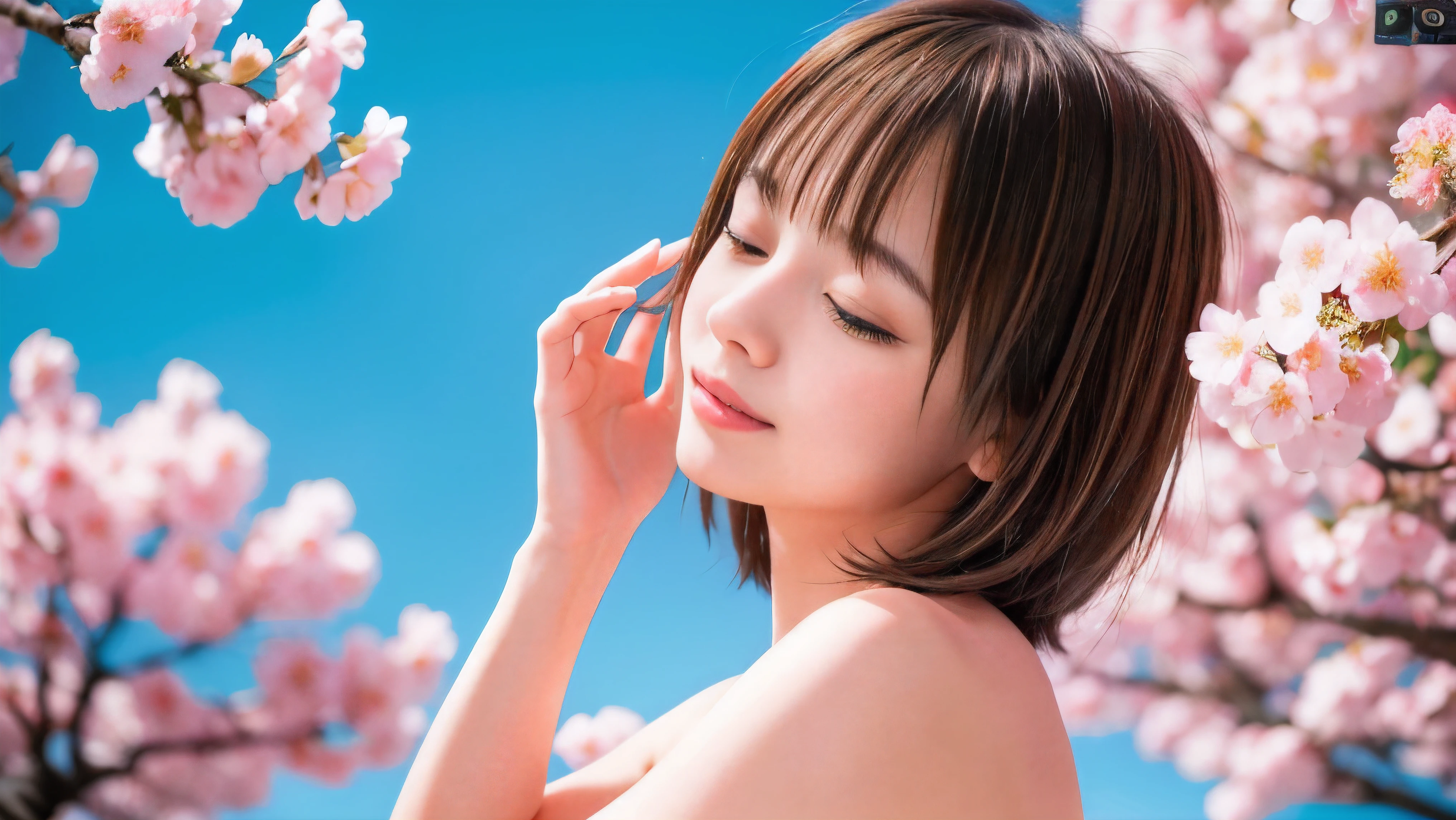 (High angle shot of a naked slender small breasts round face brown short hair with bangs girl:1.5)、(Naked girl is soaking in a milky color Japanese onsen outdoors with close her eyes:1.5)、(Outdoor Japanese onsen with milky white color and it has full bloom cherry blossoms:1.5)、(blurred background:1.5)、(Natural light:1.5)、(8k ultra detailed master piece:1.5)、(perfect anatomy:1.5)、(Photorealistic stick:1.5)、(Raw photo:1.3)、(highest quality:1.5)、(High resolution:1.3)、(Delicate and beautiful perfect face:1.3)、(Delicate and beautiful eye air skin:1.3)、(Real Human Skin:1.3)、((thin legs))