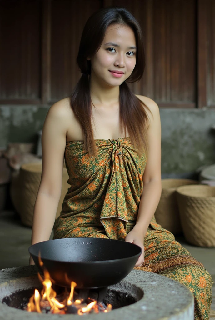 A 56 years old naked Indonesian woman in peach color hijab, smiling and cooking chicken in the old bamboo kitchen in a forest, look to the food with eye close, dense pubic hair, dark skin, curvier body, short body, flat-chested, small breasts, villager, poor woman
