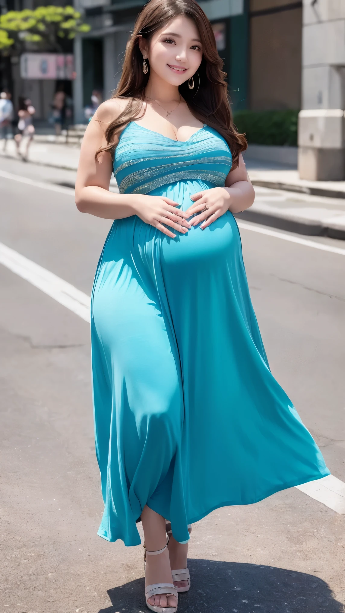 A beautyful girl, Mary R.,Burly body,Cute temperament,long hair braid,partedbangs,ssmile,super gigantic breastuscles throughout the body,((pregnant belly)),(plumw,slightly fat big breasts),gigantic hip,wide hips,Huge ass,gigantic hip,The legs are long,beautiful foot,Wear a tight evening gown,Large slit evening dress,Shoot from a distance