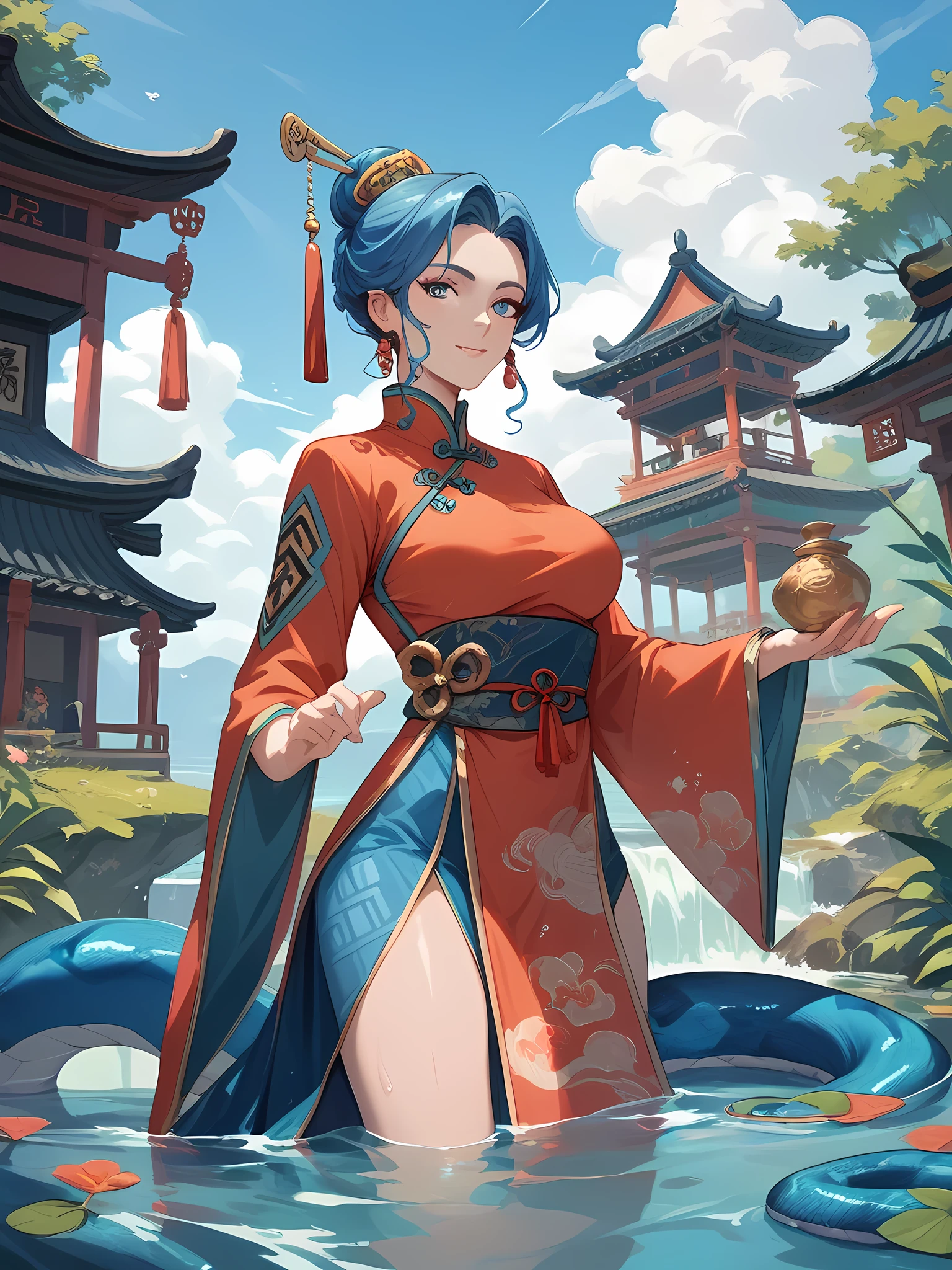 Blue snake zodiac fusion Chinese style ancient scene illustration The scene of a snake between water and a river is very spectacular illustration style