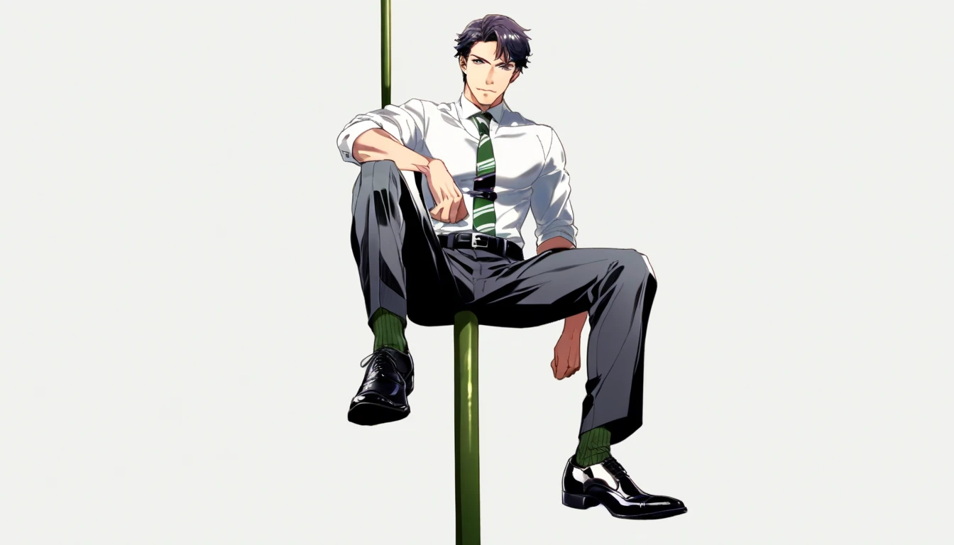 male focus, muscled male, solo, ikemen, mature, male only, tough man, bold, eyes fix, flat chest, sturdy waist, 50 years old, split toe crocodile blucher shoes, collared shirt, tie, three piece suit, belt, slacks, tight clothes, whole body, sitting, invisible chair,  looking at viewer, (white background, simple background:1.5), masterpiece, best quality, mta, showing his socked foot, long tube calf black fancy socks, dominating male pose:2, muscle, long shot, green color socks, Sebastian Sallow:2 from Hogwarts Legacy, slytherin student Sebastian Sallow