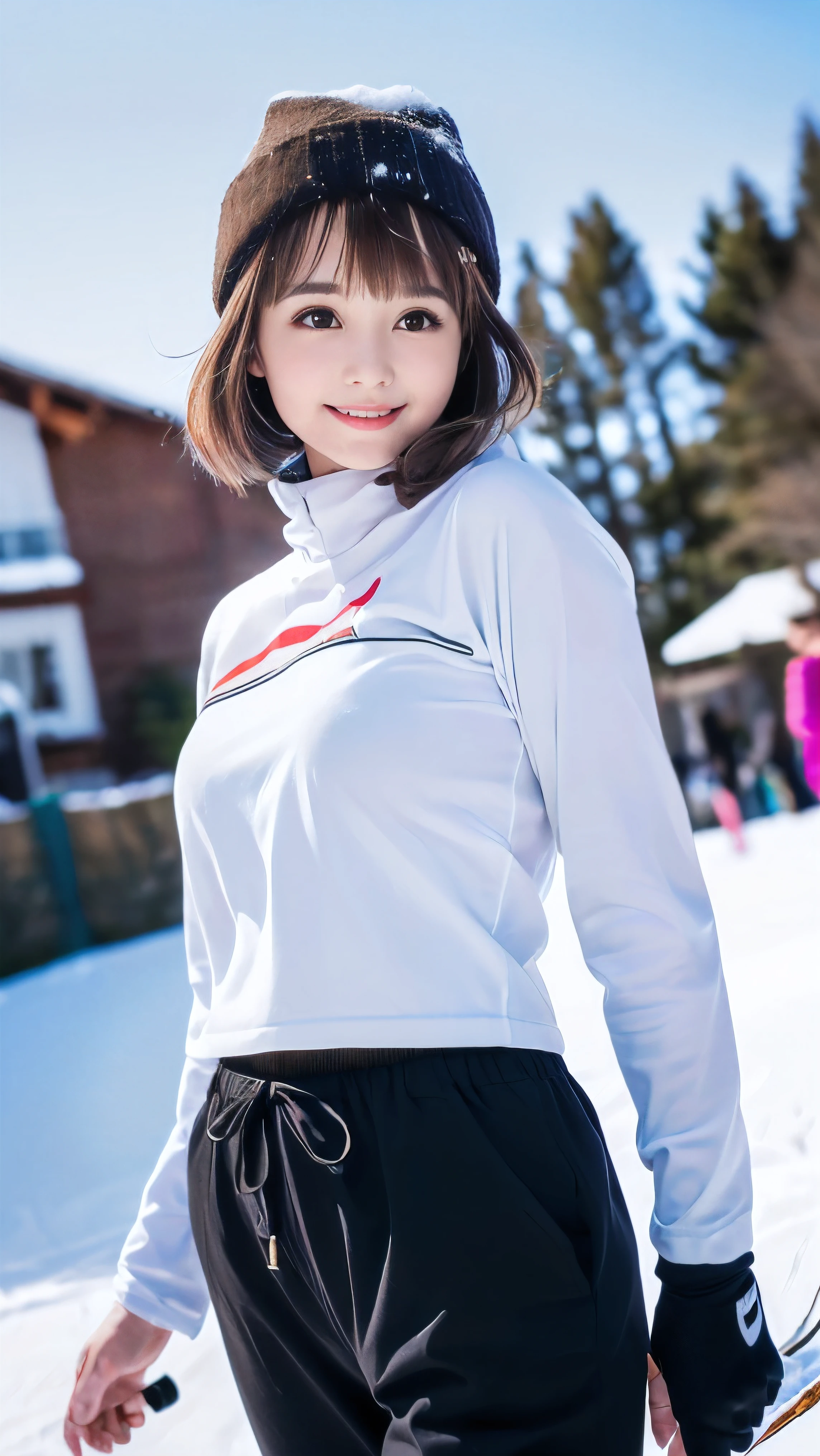 (Face shot of one slender small breasts round face brown short hair with bangs girl in long sleeve and long pants colorful snow board wear without logo:1.5)、(One girl is playing snow board with a show face and a small smile :1.5)、(Snow Ski Garden:1.5)、(Beautiful blue sky 1.5)、(No mask:1.3)、(blurred background:1.5)、(Natural light:1.5)、(8k ultra detailed master piece:1.5)、(perfect anatomy:1.5)、(Photorealistic stick:1.5)、(Raw photo:1.3)、(highest quality:1.5)、(High resolution:1.3)、(Delicate and beautiful perfect face:1.3)、(Delicate and beautiful eye air skin:1.3)、(Real Human Skin:1.3)、((thin legs))