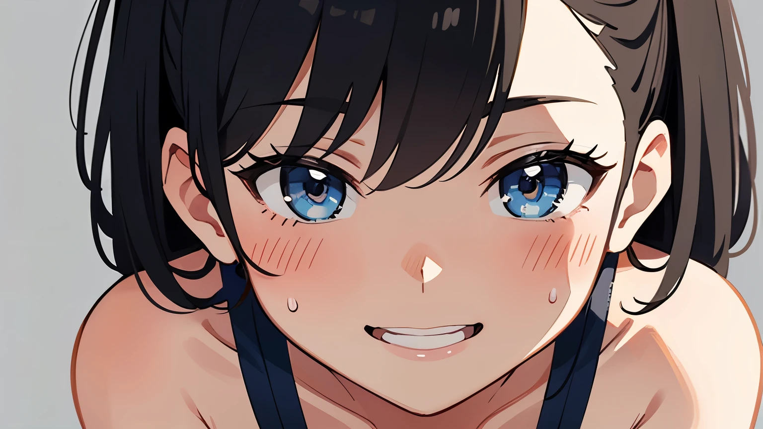 side view,eye-level shot,face focus,open mouth,tongue out,cum on tongue,lick,(1girl,Beautiful 16 year old girl),((Slender,Small breasts,Baby Face,Small face,)),looking at viewer,Black Hair,bangs,two side up,Gray Eyes,Drooping eyes,slit pupils,narrow eyes,collarbone,Tight mini dress,bare shoulder,Beautiful and detailed anime art,Mischievous smile,Dimly lit room,Simple Background,Gray background,Low lighting