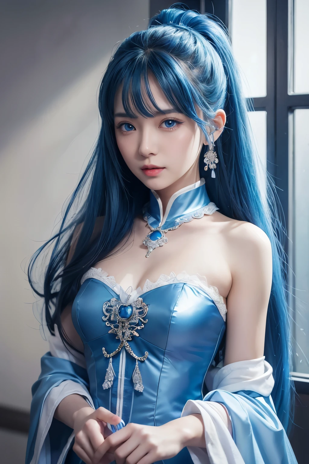 8k,Close-up of a woman in a blue and white dress、Draw your sword,Blue Hair, Super Beauty,(Like the real thing)blue eyes,ponytail,Chengwei Pan at Art Station、 By Yang Jo、 Detailed fantasy art、Amazing character art、 Fan Art Best Art Station、 Gorgeous and detailed character art、 Beautiful Armor、Highly detailed art gems、 Detailed digital animation art、 Art Station pixiv&#39;s artgerm、 Girl in armor,Dynamic Angle,Ultra-high resolution,Laugh out loud,Realistic Skin,attractive,Sexy,Active,Rich colors, Backlight, Cinema Lighting, Film Grain, 50mm lens, Nikon D850,Ultra-high resolution,Ultra-realistic,compensate,Super sexy,Big eyes,Beautiful breasts,Dynamic pose,