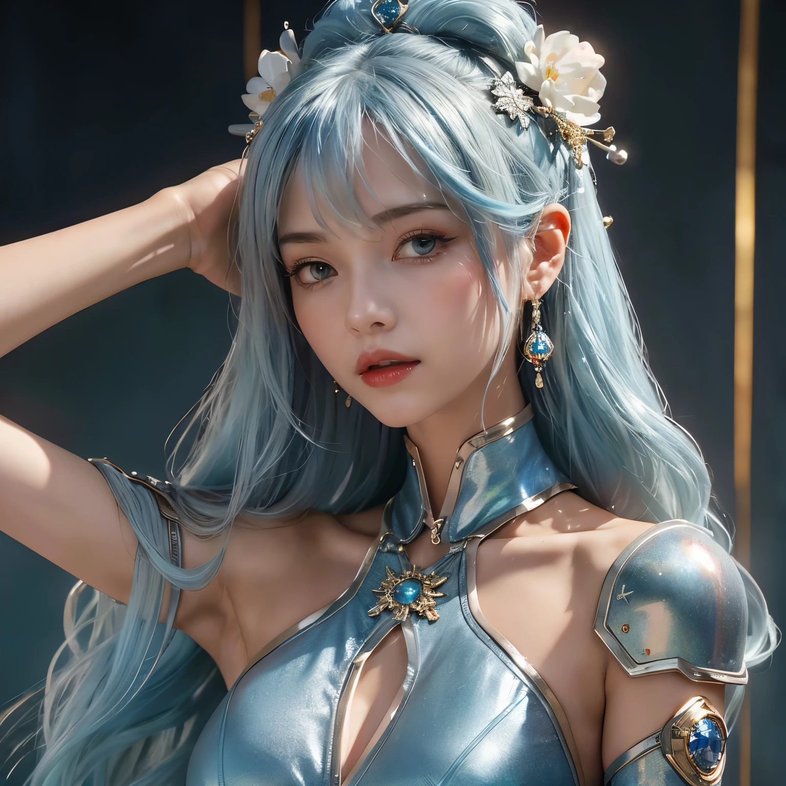 ​masterpiece、high-quality、。.。.。.。.。.。.。.。.。.。.3d、Open the front of the 8k cg、intricate detailes、delicate background、sacred。ornament detached, Dylan Kowalski,  student, ((2girls)), The upper part of the body, musculature, Skindentation, looking to side, Light blue hair、length hair,  Mechanical arm, synthetic skin, porcelain, pearls, Holographic, Titanium, Diamonds, ruby, sapphires, Precious stones, Clockwork, grunge, worn edges, s Armor, Beautiful breasts、Twin-tailed hairstyle、