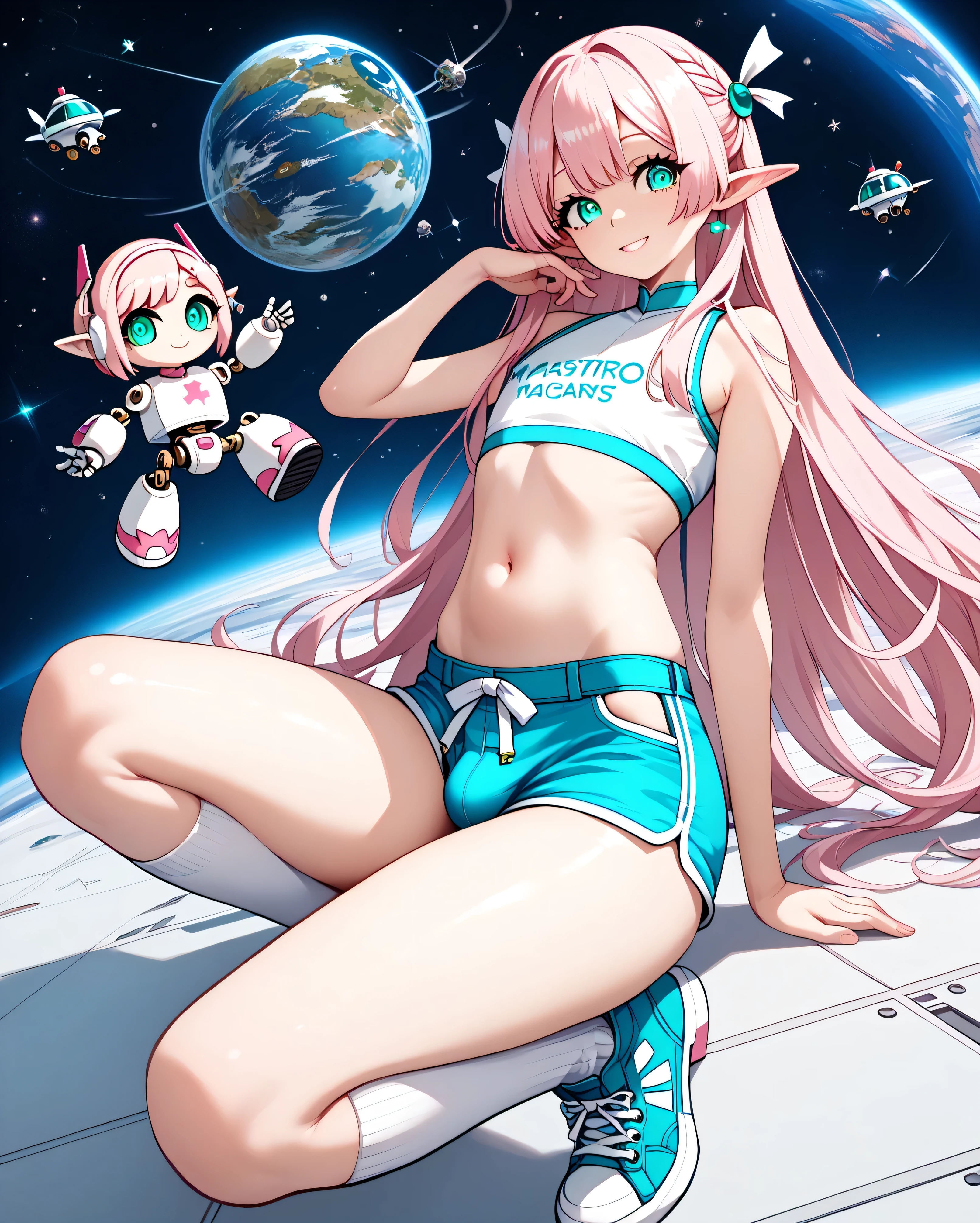 (((best quality, masterpiece))), spacecraft_interior(((giant robot in space background))), elf, (((17years old))), (((fake girl, otoko no ko, femboy, girly))), (((light pink long hair, turquoise_eyes, skinny stomach, curvy))), (((crossdressing, crop top, navel focus, short pants, sneakers, knee high))), light smile, mature, uncensored