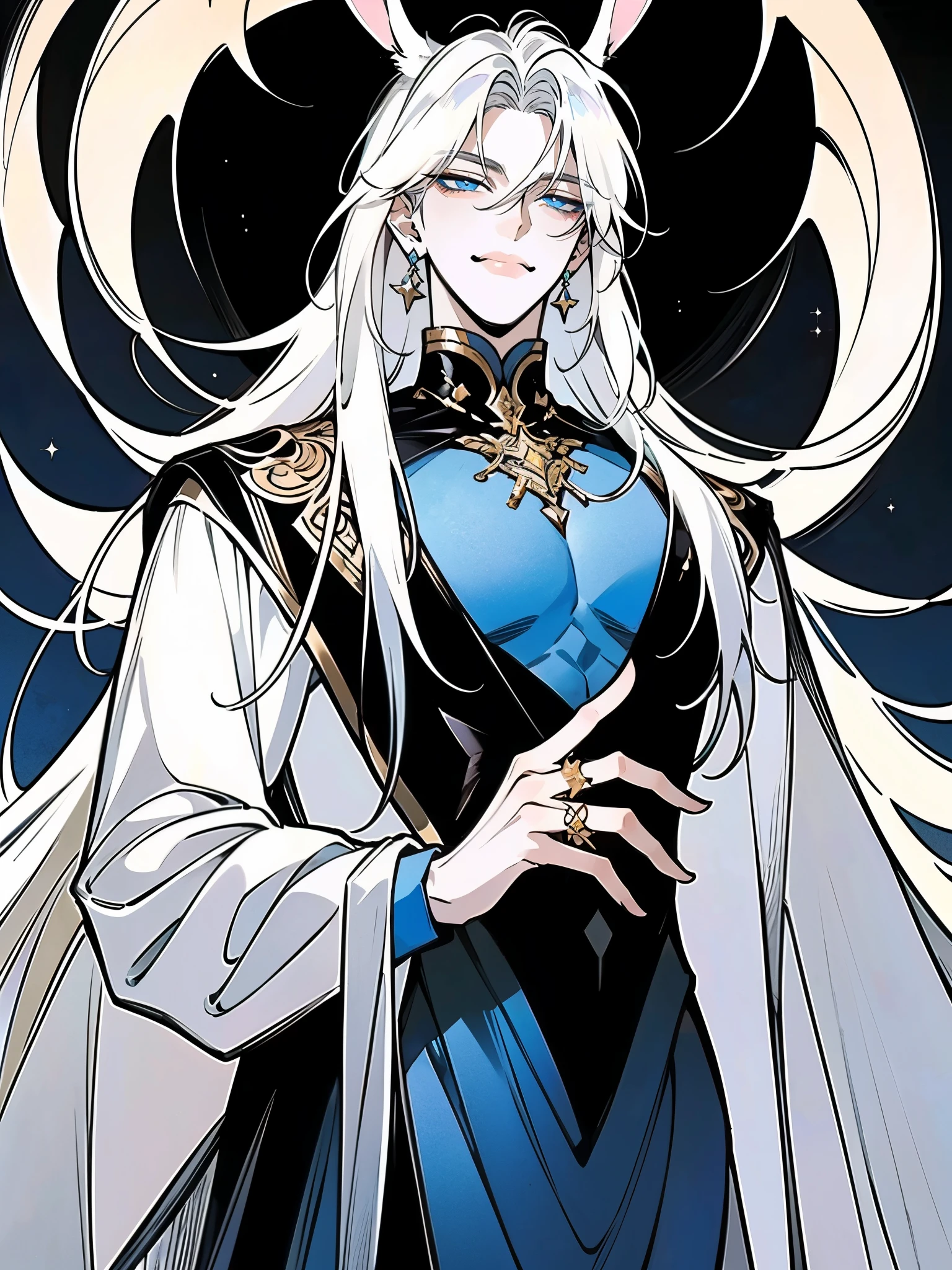 (dynamic pose:1.3), (Akira, the Radiant Star, with ethereal beauty:1.4) (long white hair flowing like moonlight:1.3), (sapphire blue eyes glowing with mischief:1.3), (soft smirk, both alluring and smug:1.3), (white rabbit ears), Designed to captivate, (Best quality, 4K, high resolution, masterpiece:1.2). Delicate white bunny ears, twitching faintly, add a touch of whimsical charm to his flawless appearance. A slender yet graceful figure exudes refinement, with soft, unblemished skin and a small, fluffy white tail that hints at his hybrid nature.
Attire: high-end fashion tailored to perfection—sleek silks, intricate embroidery, and minimalist accessories. Platinum rings and a single sapphire earring complete his effortlessly elegant look. Akira’s aura is one of effortless charm and controlled arrogance, his every move designed to command attention and admiration.  