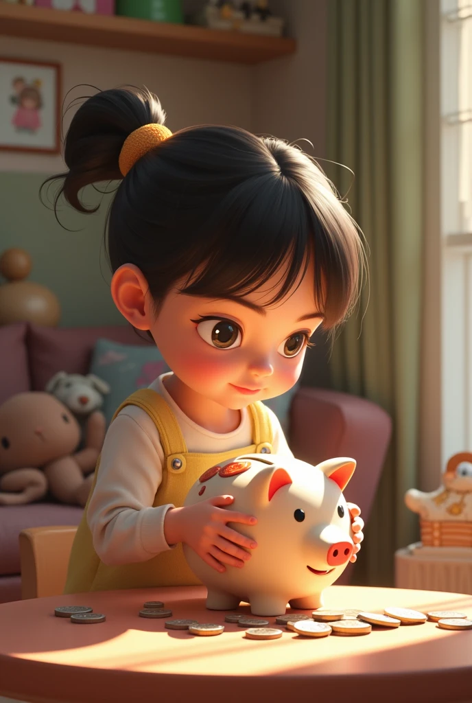 a child putting a coin in her piggy bank