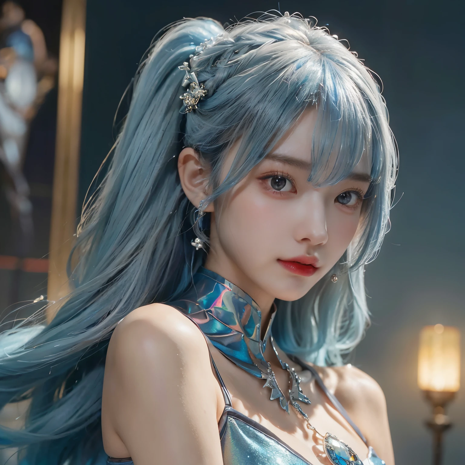 (photorealistic:1.8, highest quality:1.8,8K masterpiece:1.8,High resolution,muste piece:1.8,RAW Photos,cinematic lighting),No split screen, (1 android girl:1.3)、Completely naked、full body tattoo、choker、(Moderate chest:1.3)、Nipple piercing、kimono、Furisode、beautiful butt,beautiful thighs,plump nipples、Nipples are visible through the costume,cameltoe,Body painting with a pop design drawn all over the body、pop art design、cutting edge fashion、conceptual art、(Beautiful shining blue black and white hair:1.5)、Shy Smile、(back view、back pose:1.3)