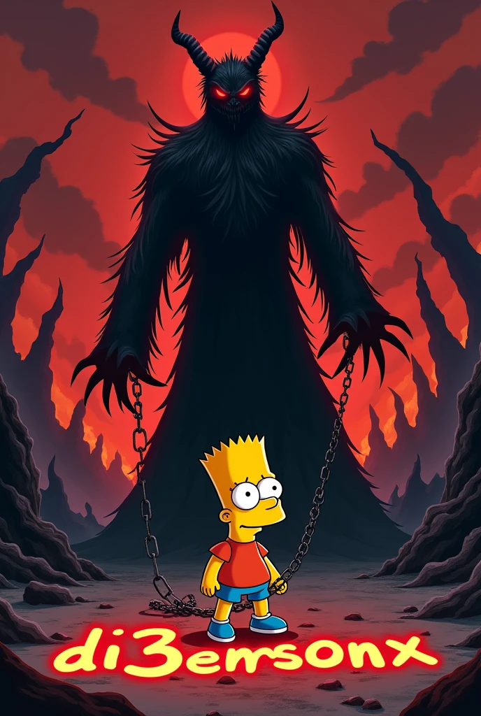 Bart Simpson chained with a demon over him in hell. With «Di3monx» writen in the ground.